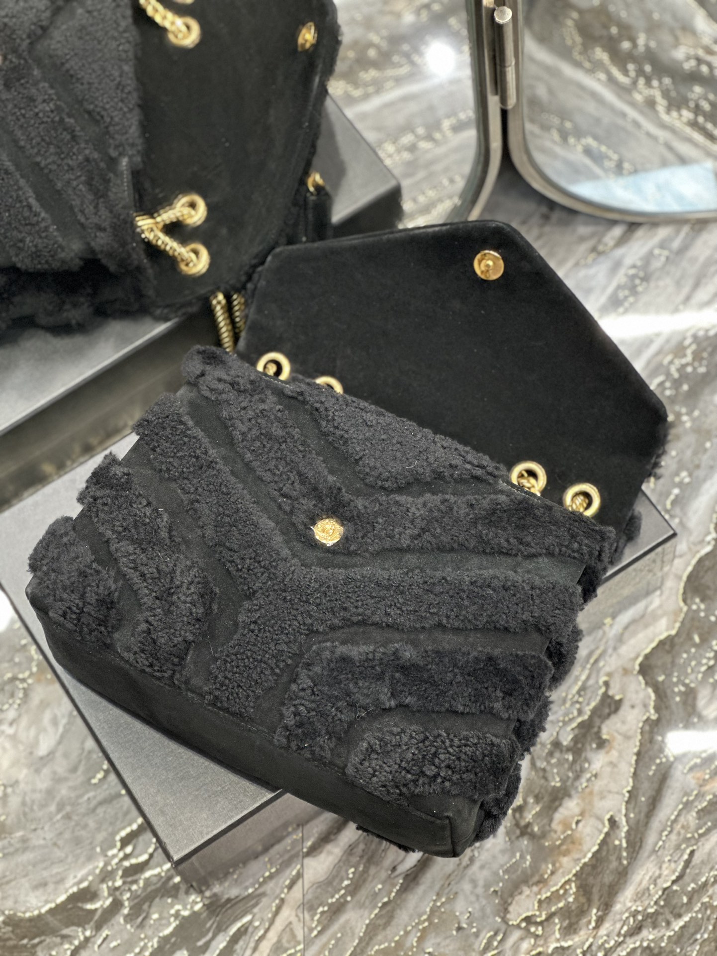 LOULOU SMALL CHAIN BAG IN QUILTED “Y” LEATHER, SATIN AND SEQUINS