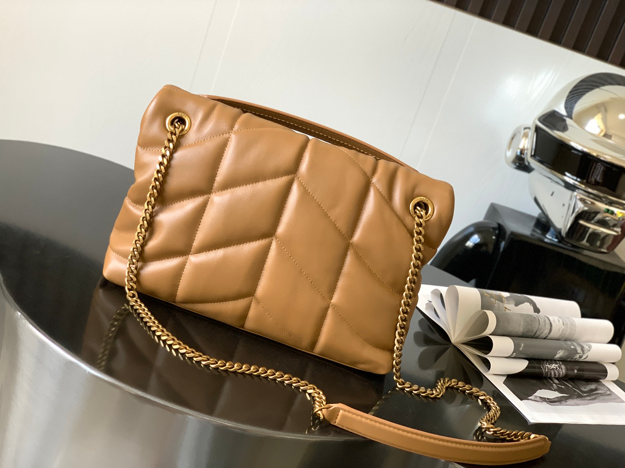 PUFFER SMALL CHAIN BAG IN VELVET AND SMOOTH LEATHER