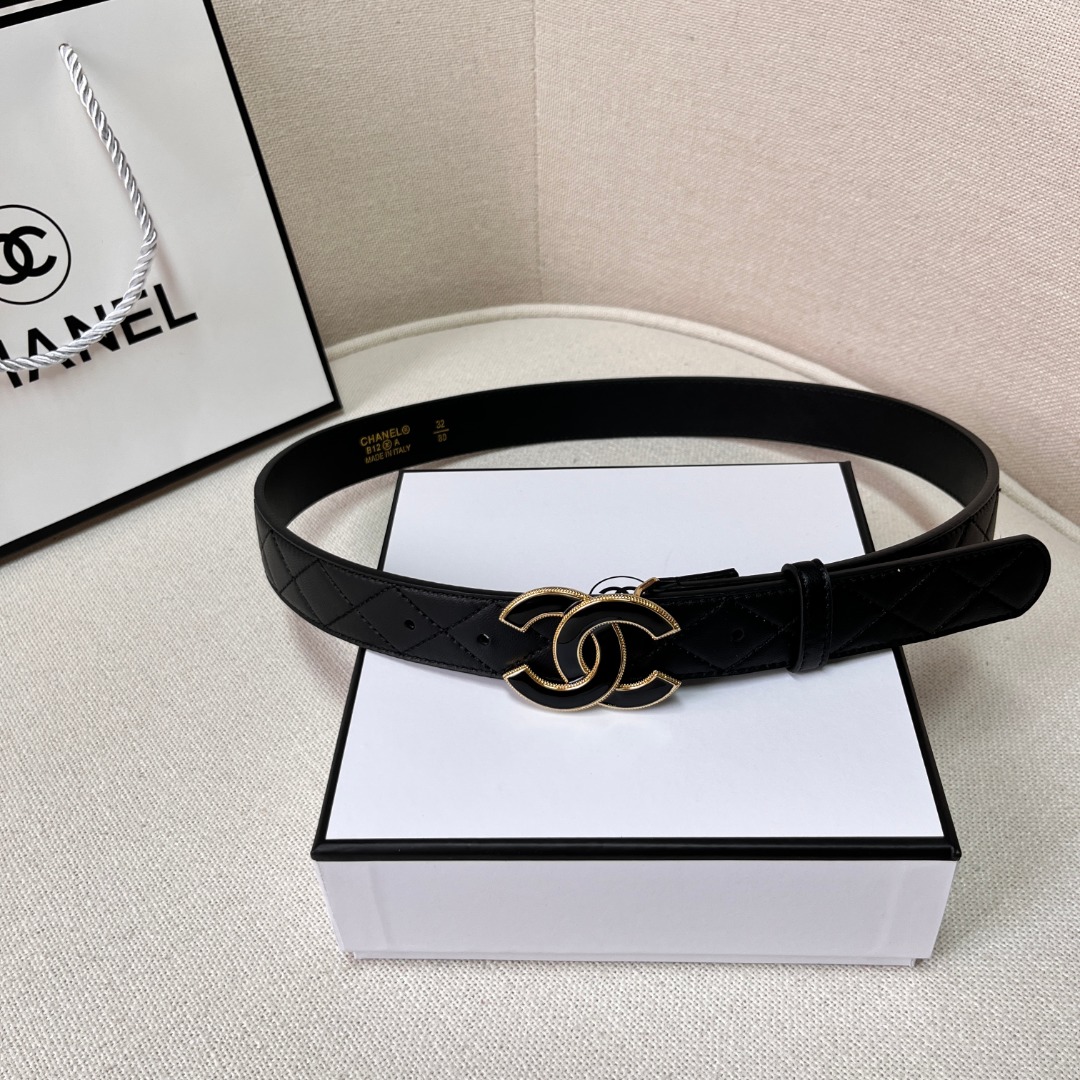Black Quilted Leather CC Logo Belt