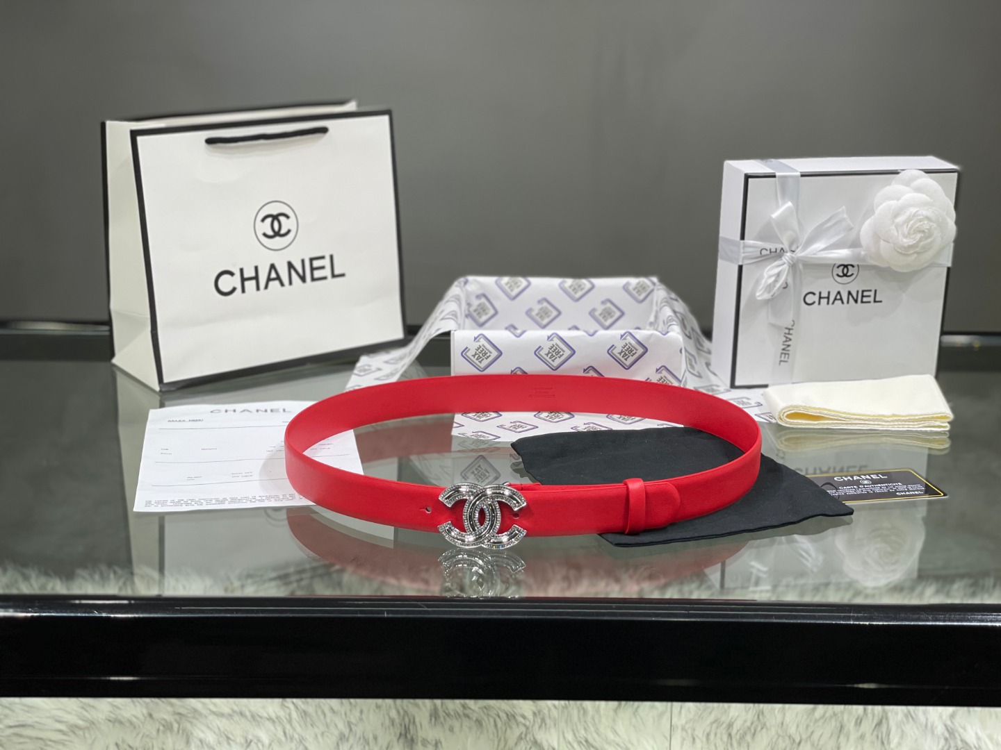 Ch*el red patent leather cc logo belt