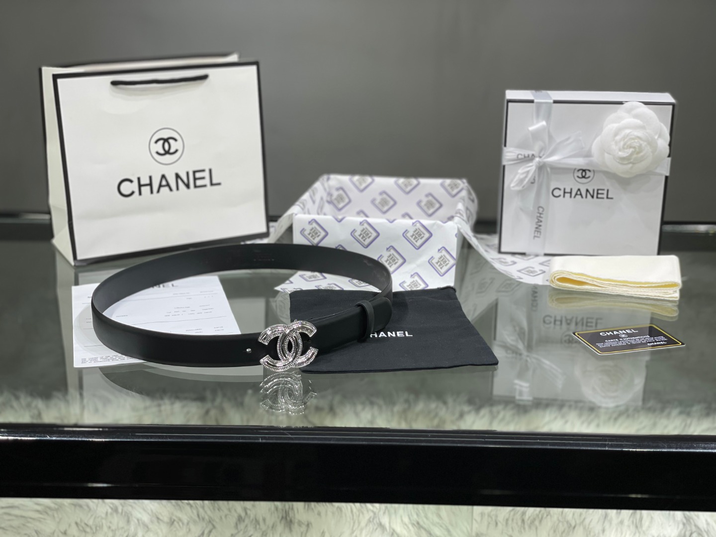 Ch*el red patent leather cc logo belt