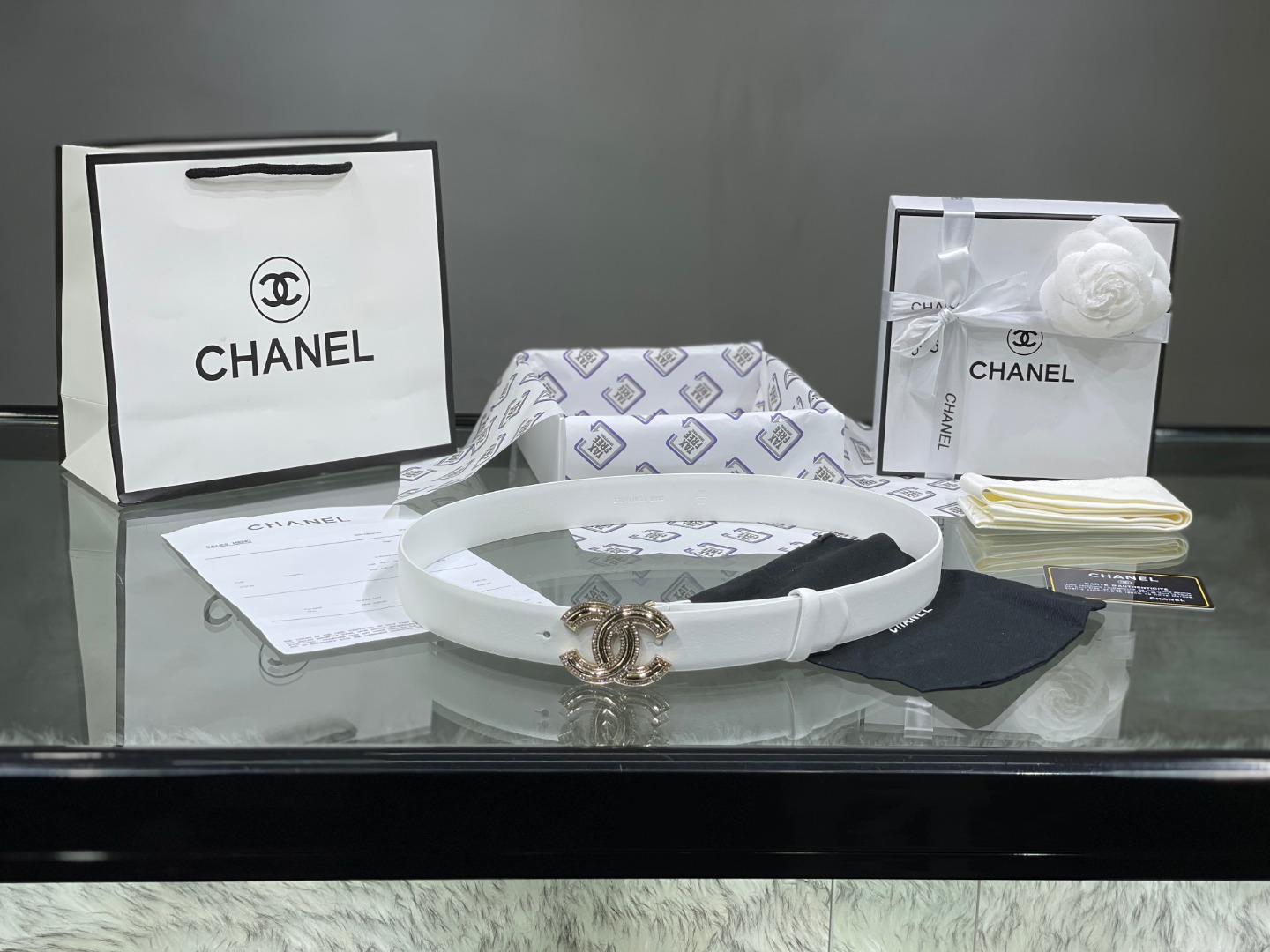Ch*el red patent leather cc logo belt