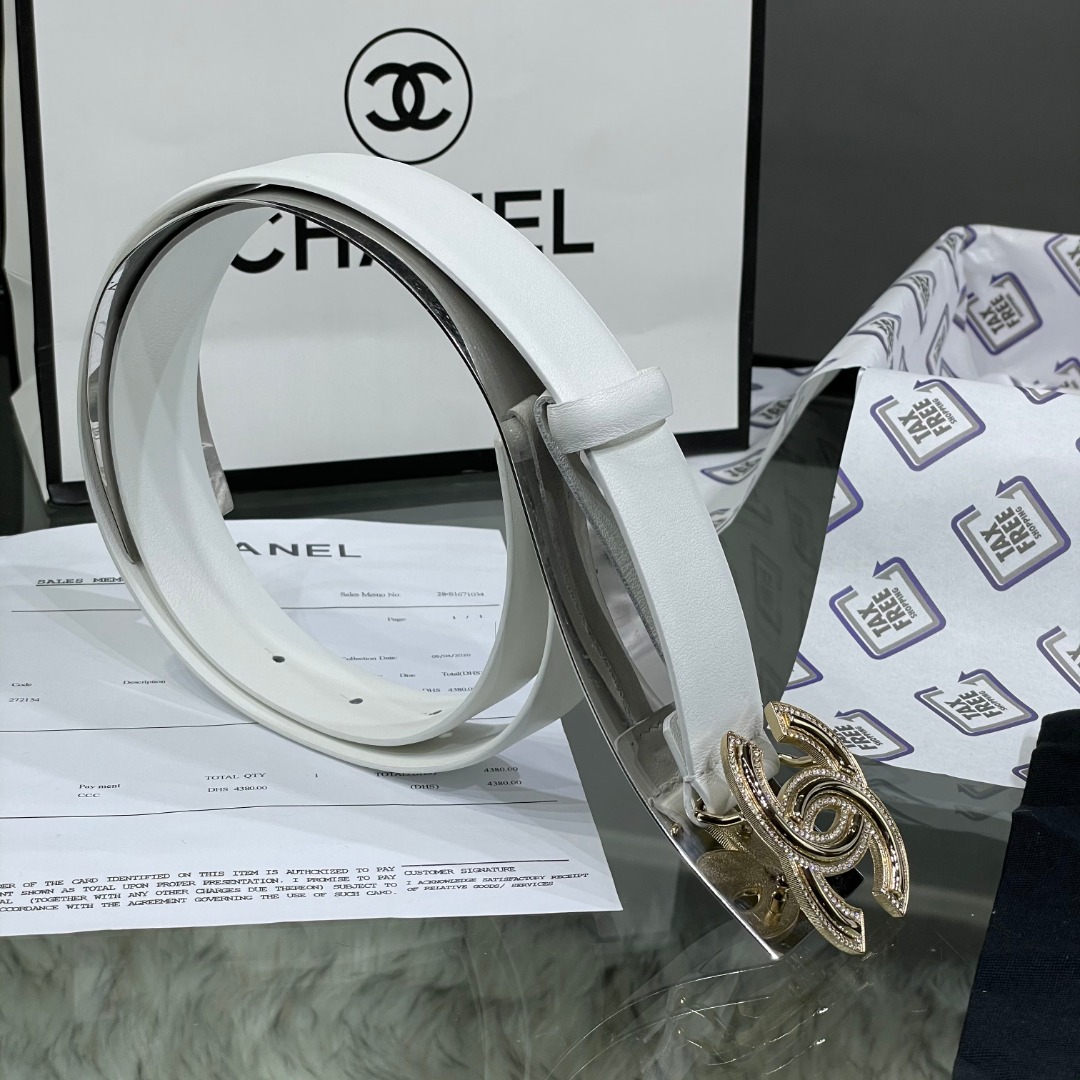 Ch*el red patent leather cc logo belt