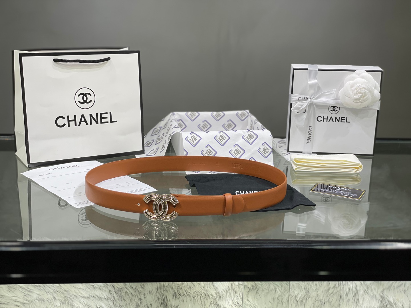 Ch*el red patent leather cc logo belt