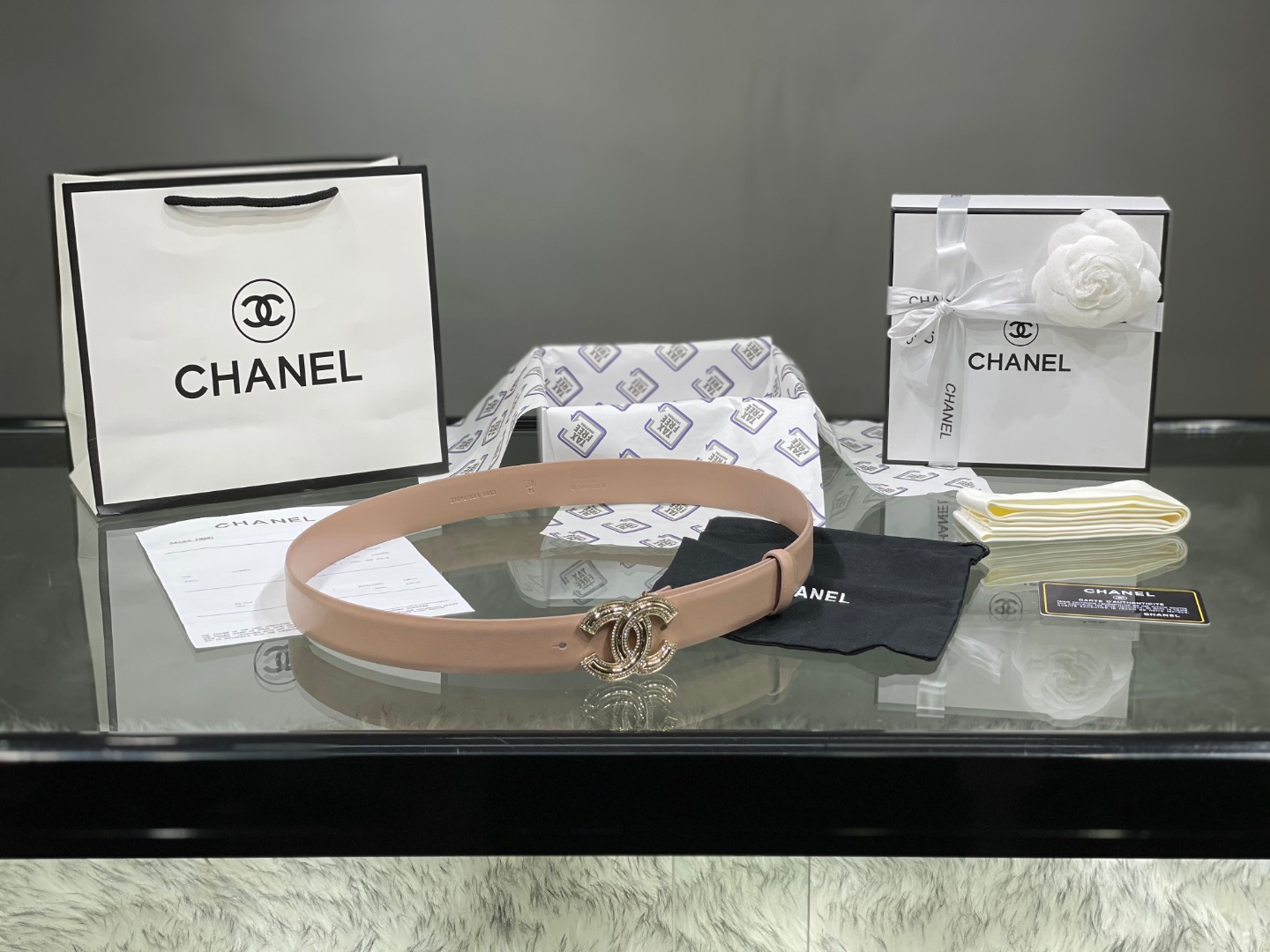 Ch*el red patent leather cc logo belt