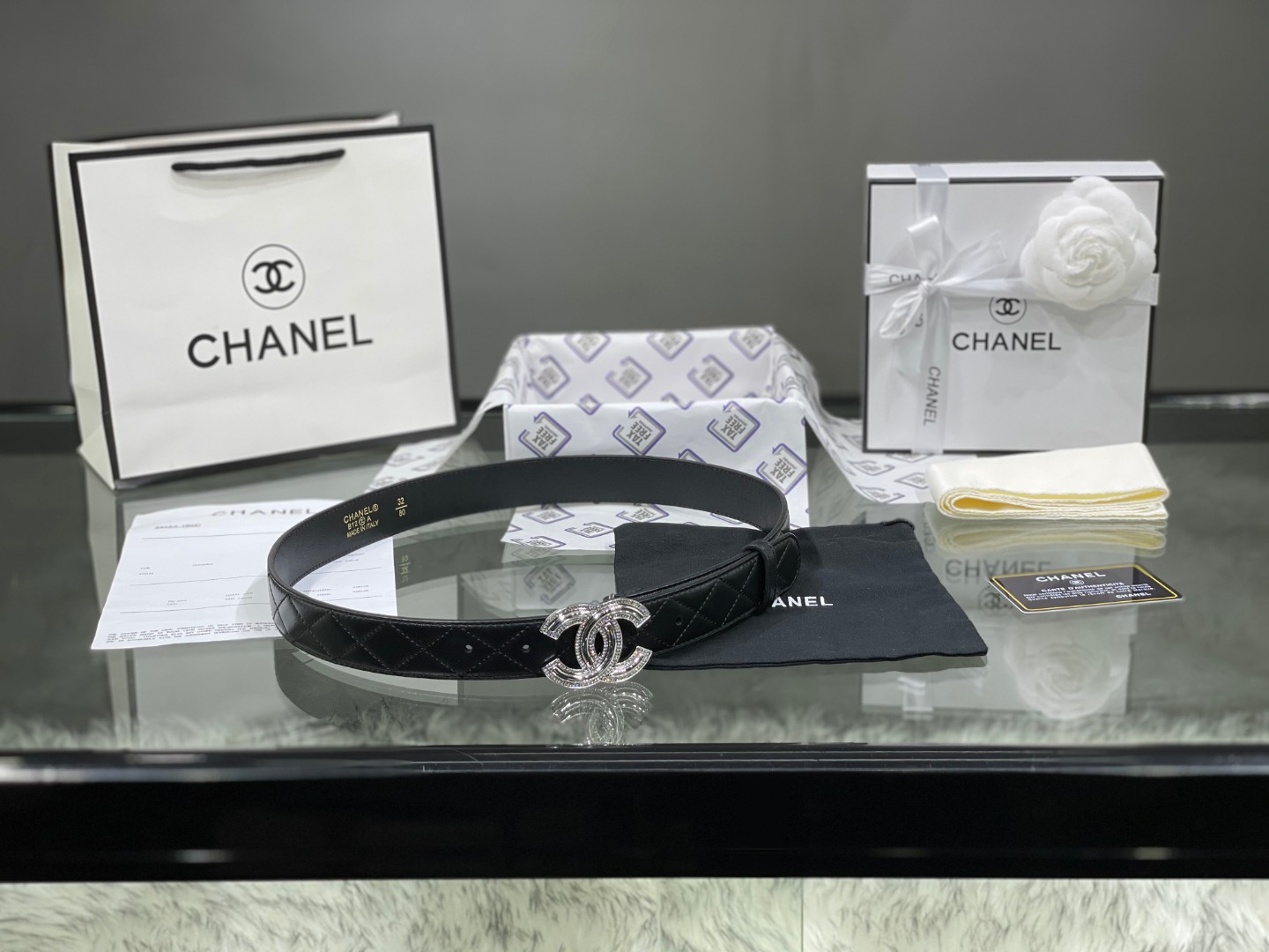 Ch*el red patent leather cc logo belt