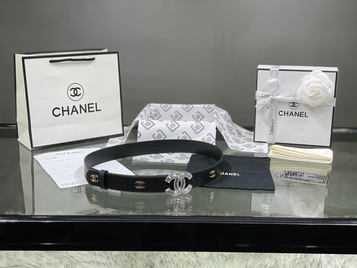 Ch*el red patent leather cc logo belt
