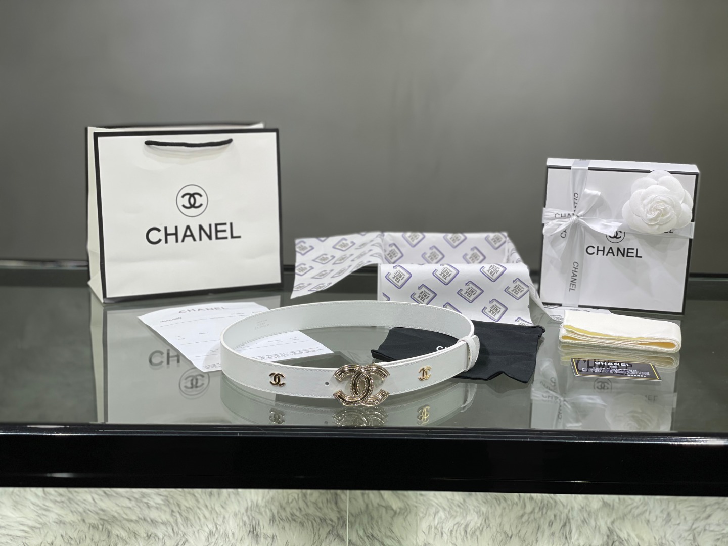 Ch*el red patent leather cc logo belt