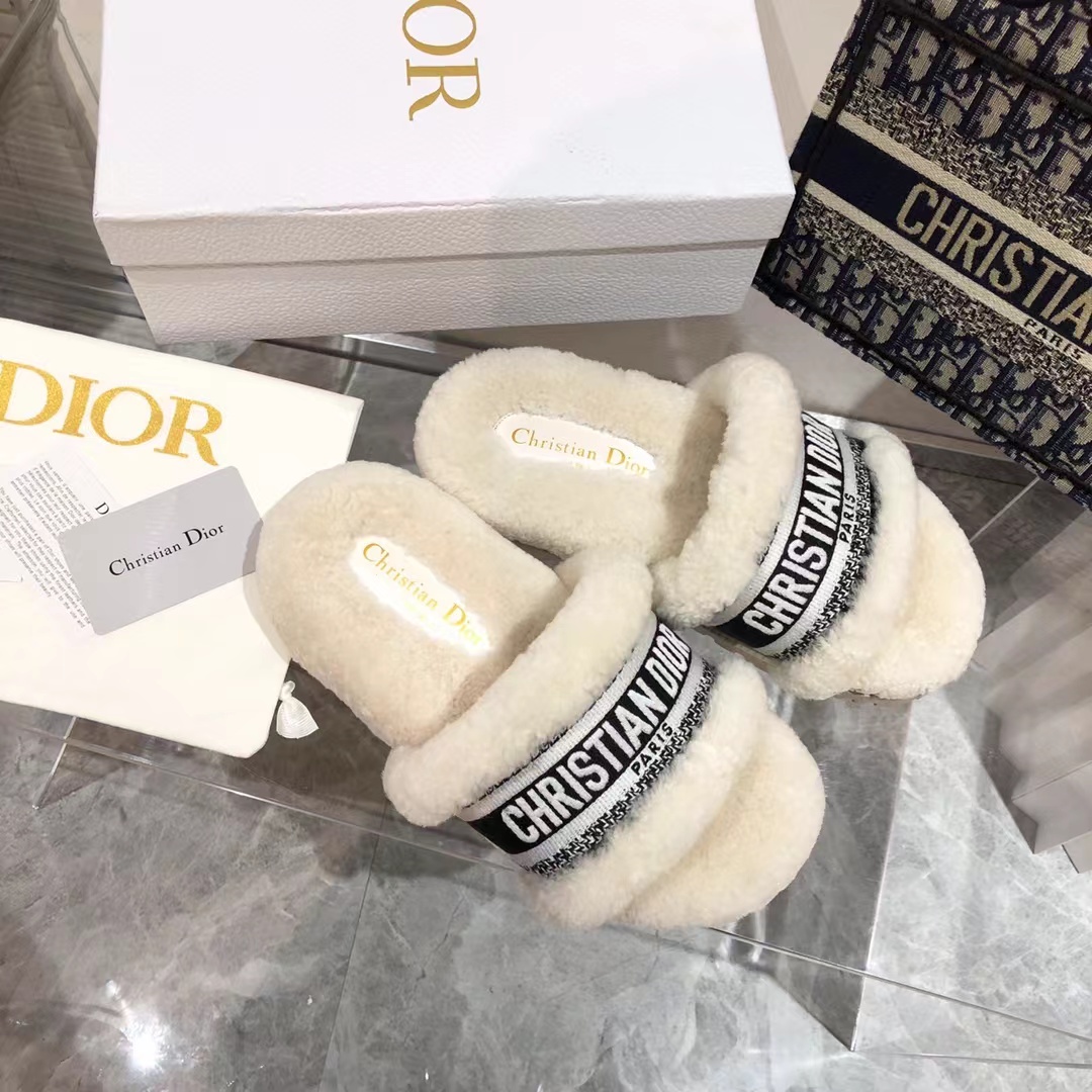D*or dway heeled slide white embroidered cotton and shearling