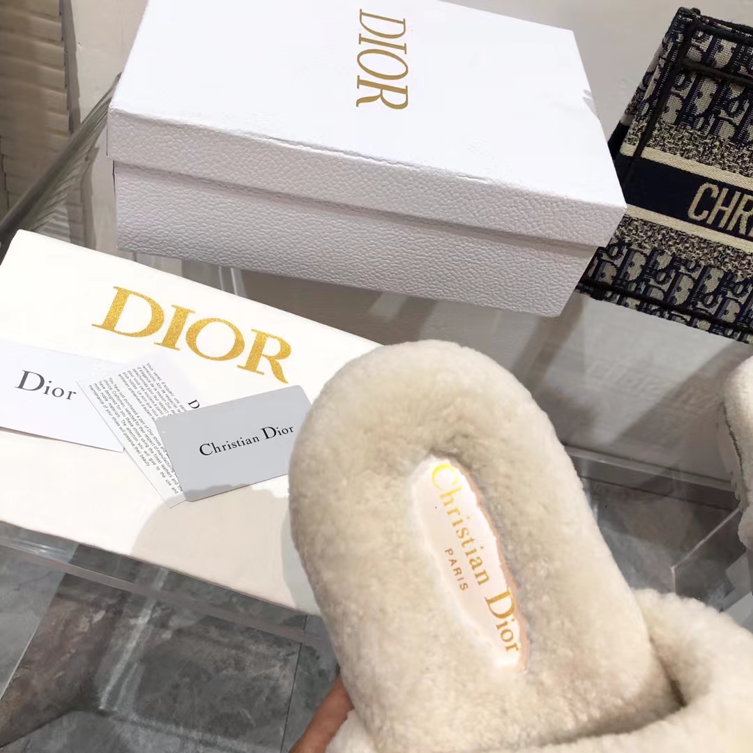 D*or dway heeled slide white embroidered cotton and shearling