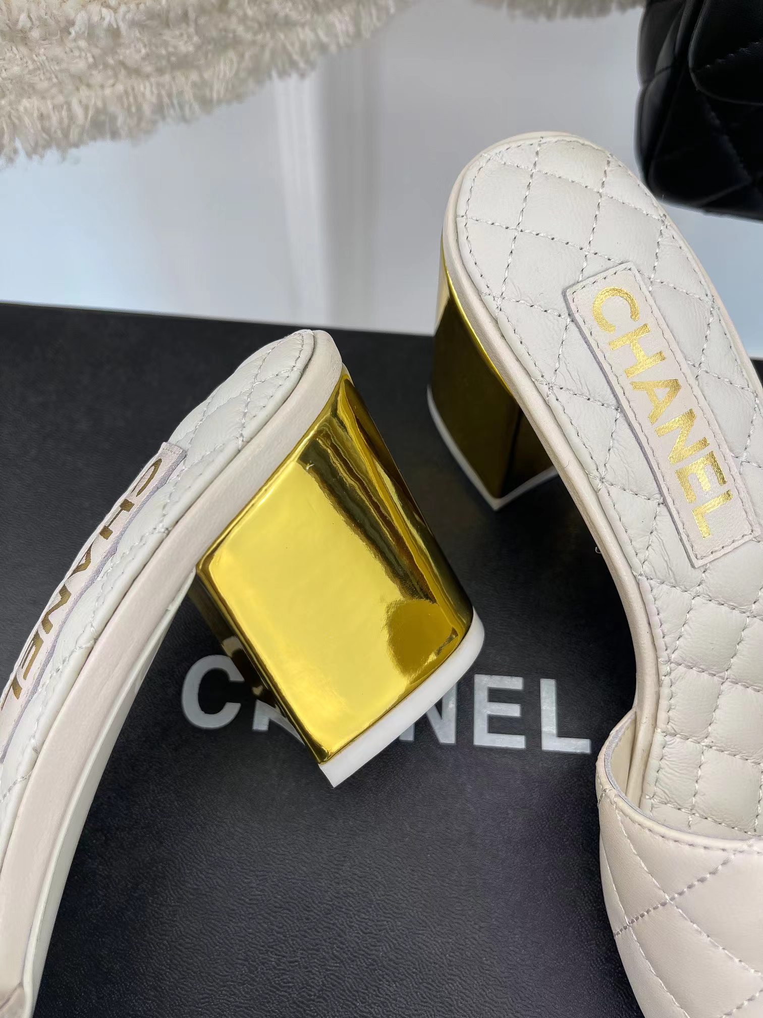 Ch*el rev white lambskin quilted cc gold logo cone heel mule slide sandal