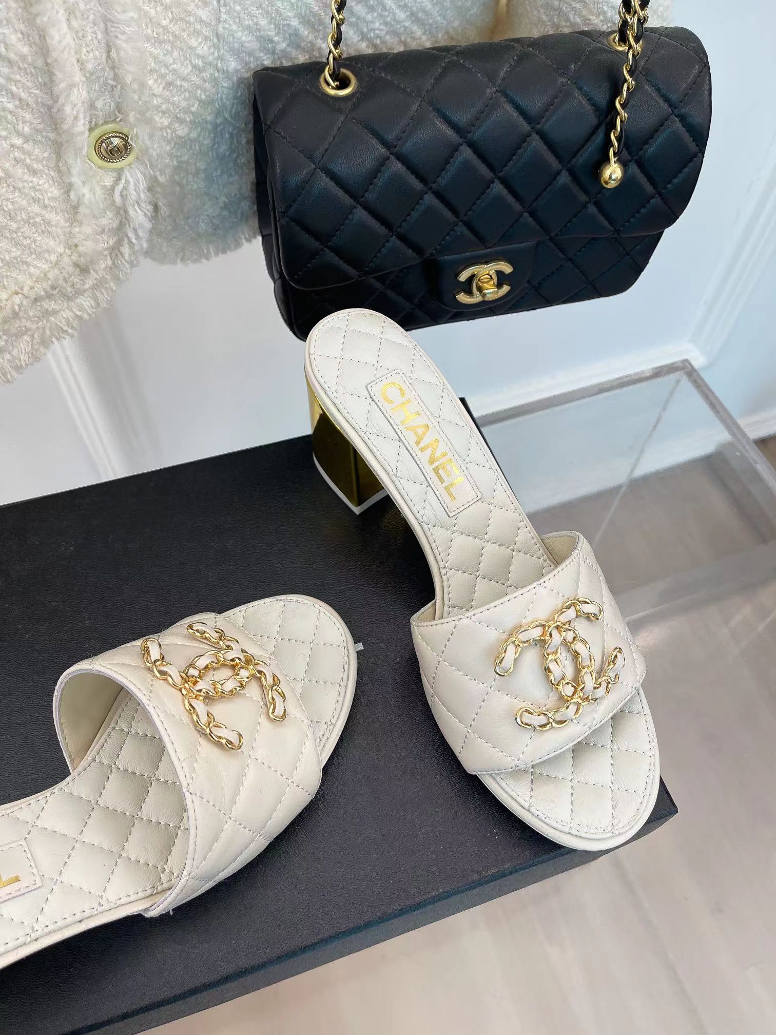 Ch*el rev white lambskin quilted cc gold logo cone heel mule slide sandal