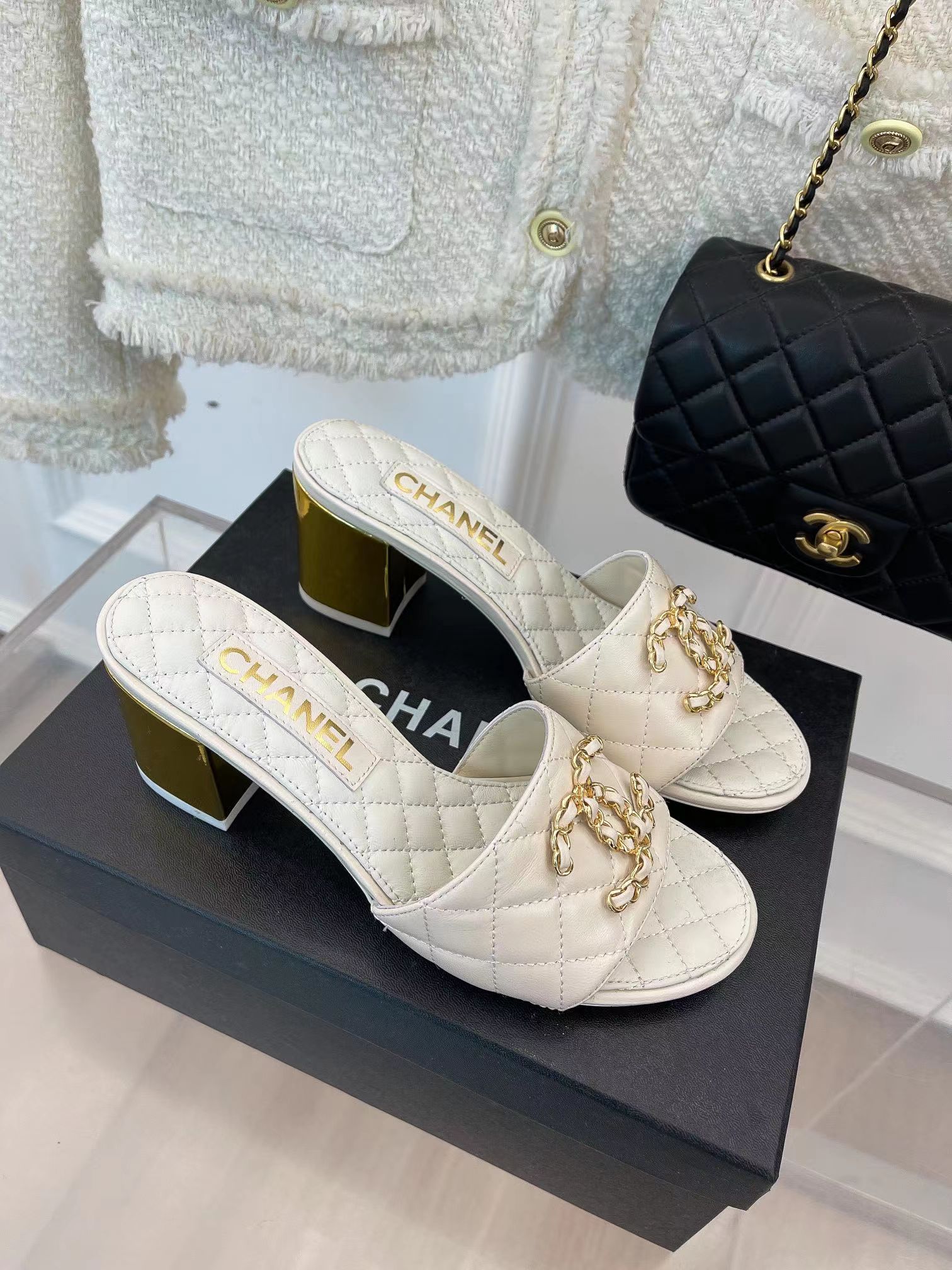 Ch*el rev white lambskin quilted cc gold logo cone heel mule slide sandal