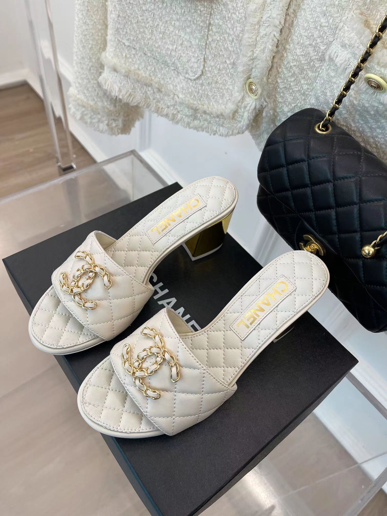 Ch*el rev white lambskin quilted cc gold logo cone heel mule slide sandal