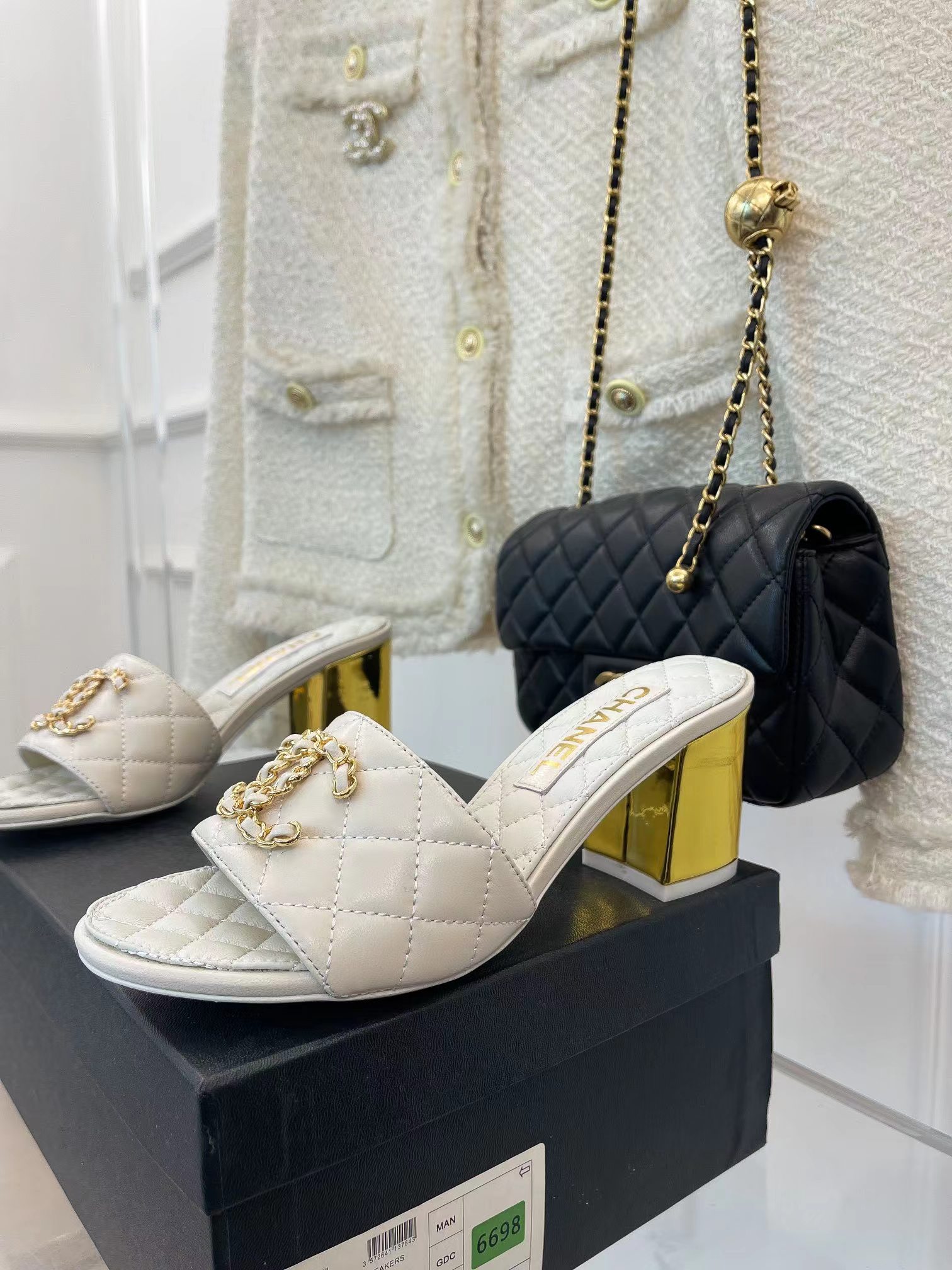 Ch*el rev white lambskin quilted cc gold logo cone heel mule slide sandal