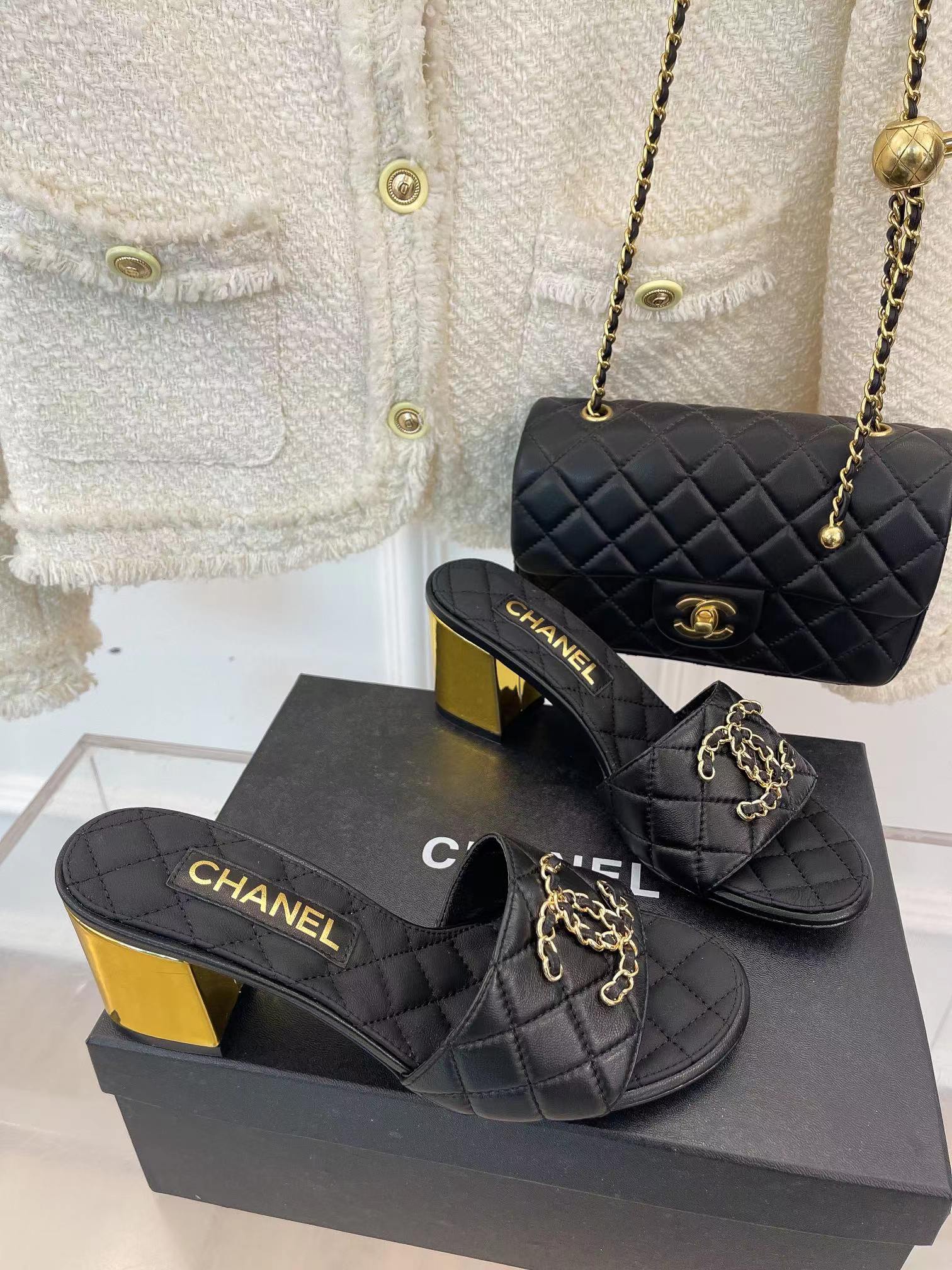 Ch*el 2023 black goatskin shiny leather gold cc slides high heels