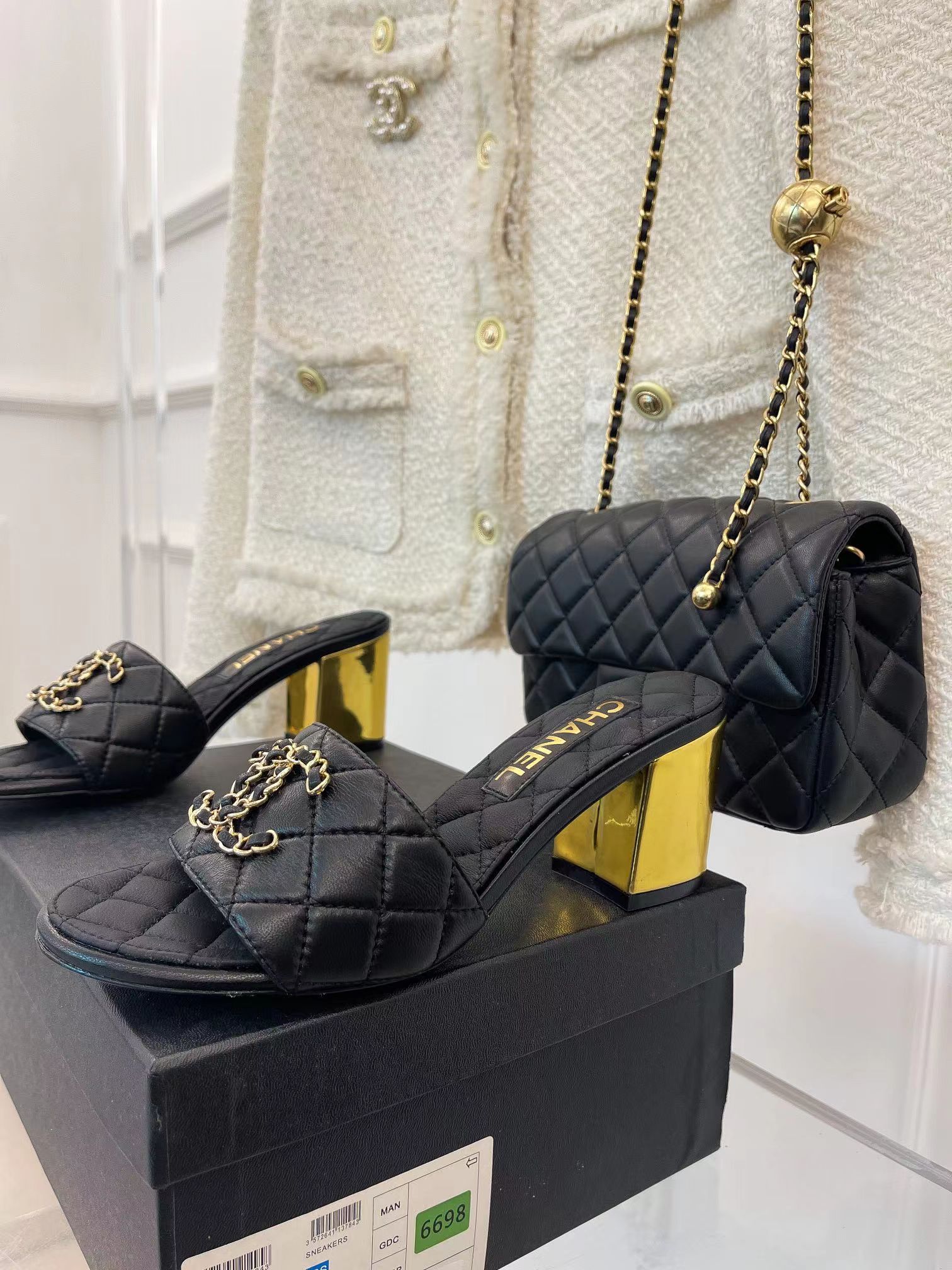 Ch*el 2023 black goatskin shiny leather gold cc slides high heels