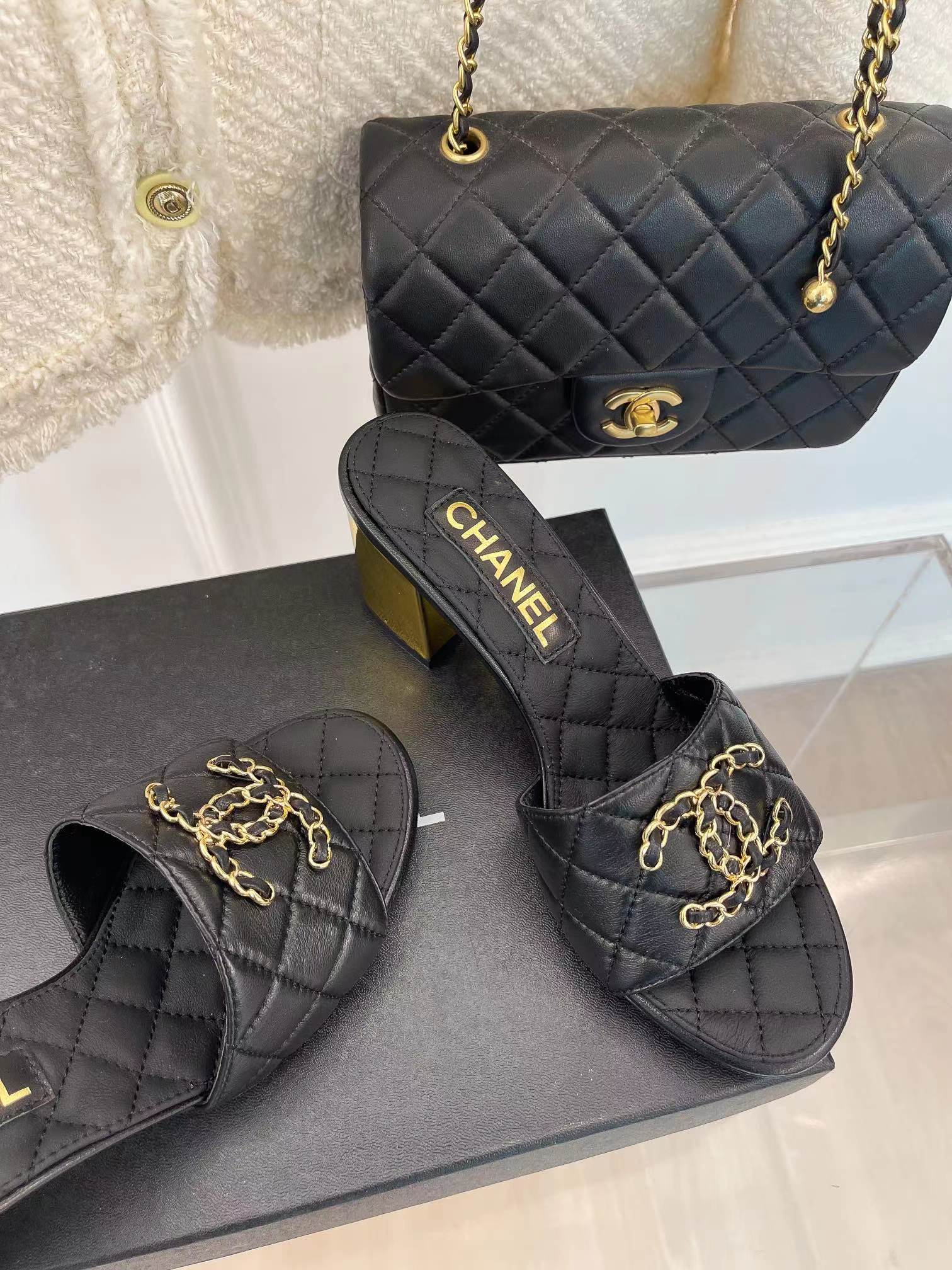 Ch*el 2023 black goatskin shiny leather gold cc slides high heels