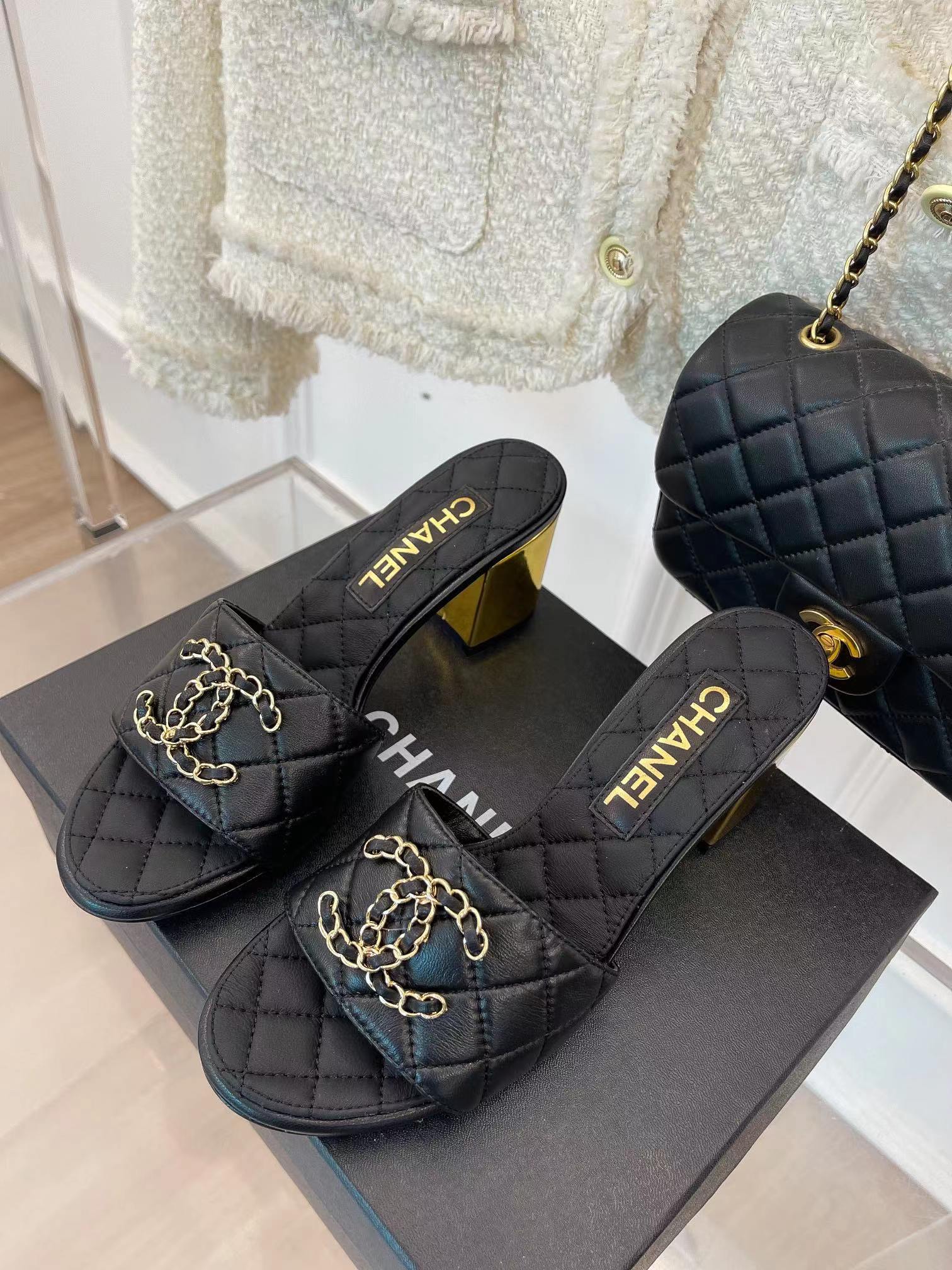 Ch*el 2023 black goatskin shiny leather gold cc slides high heels