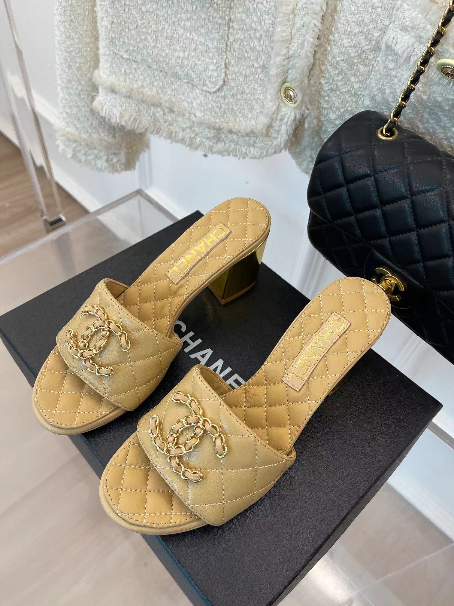 Ch*el 2023 black goatskin shiny leather gold cc slides high heels