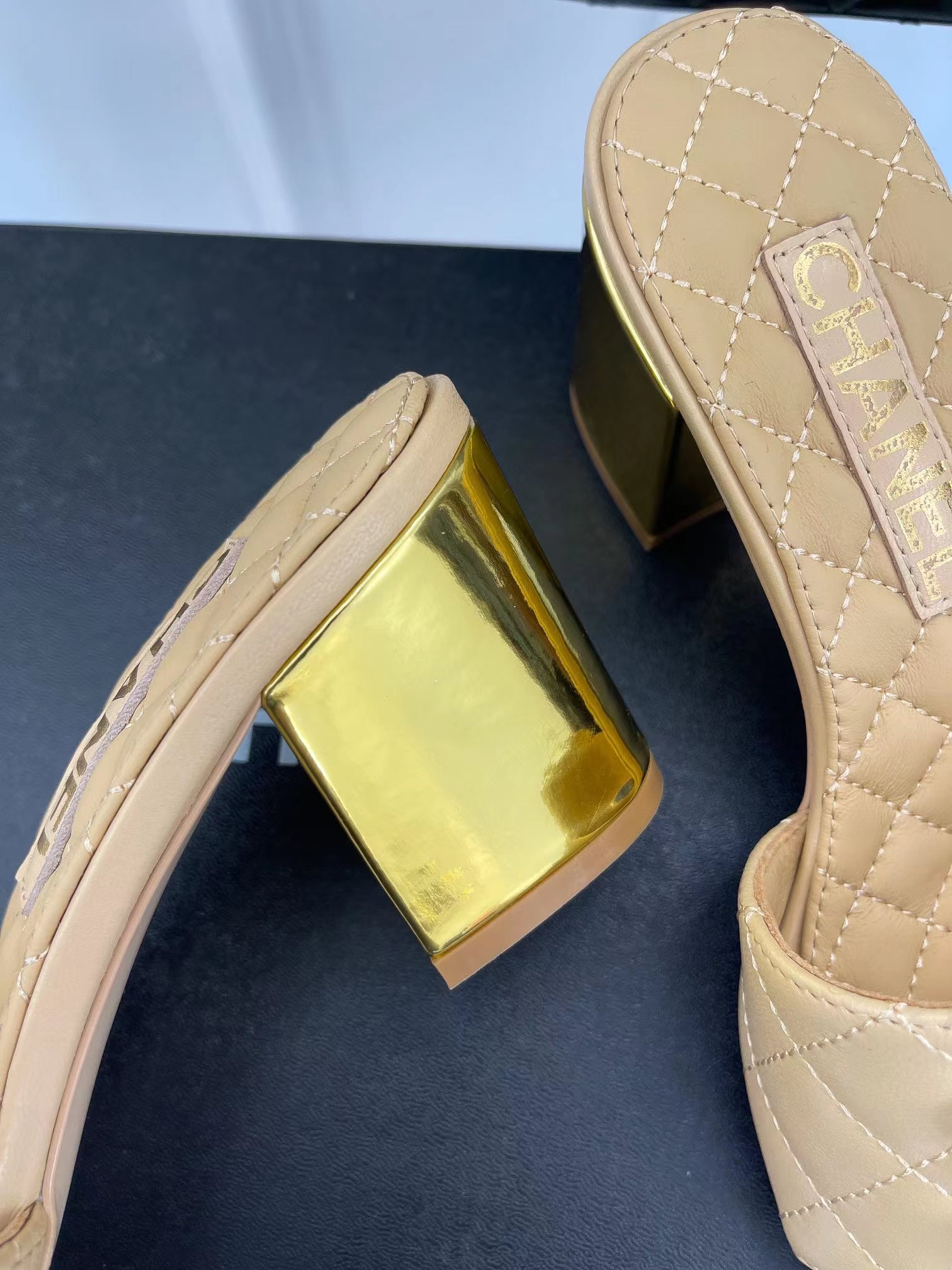 Ch*el 2023 black goatskin shiny leather gold cc slides high heels