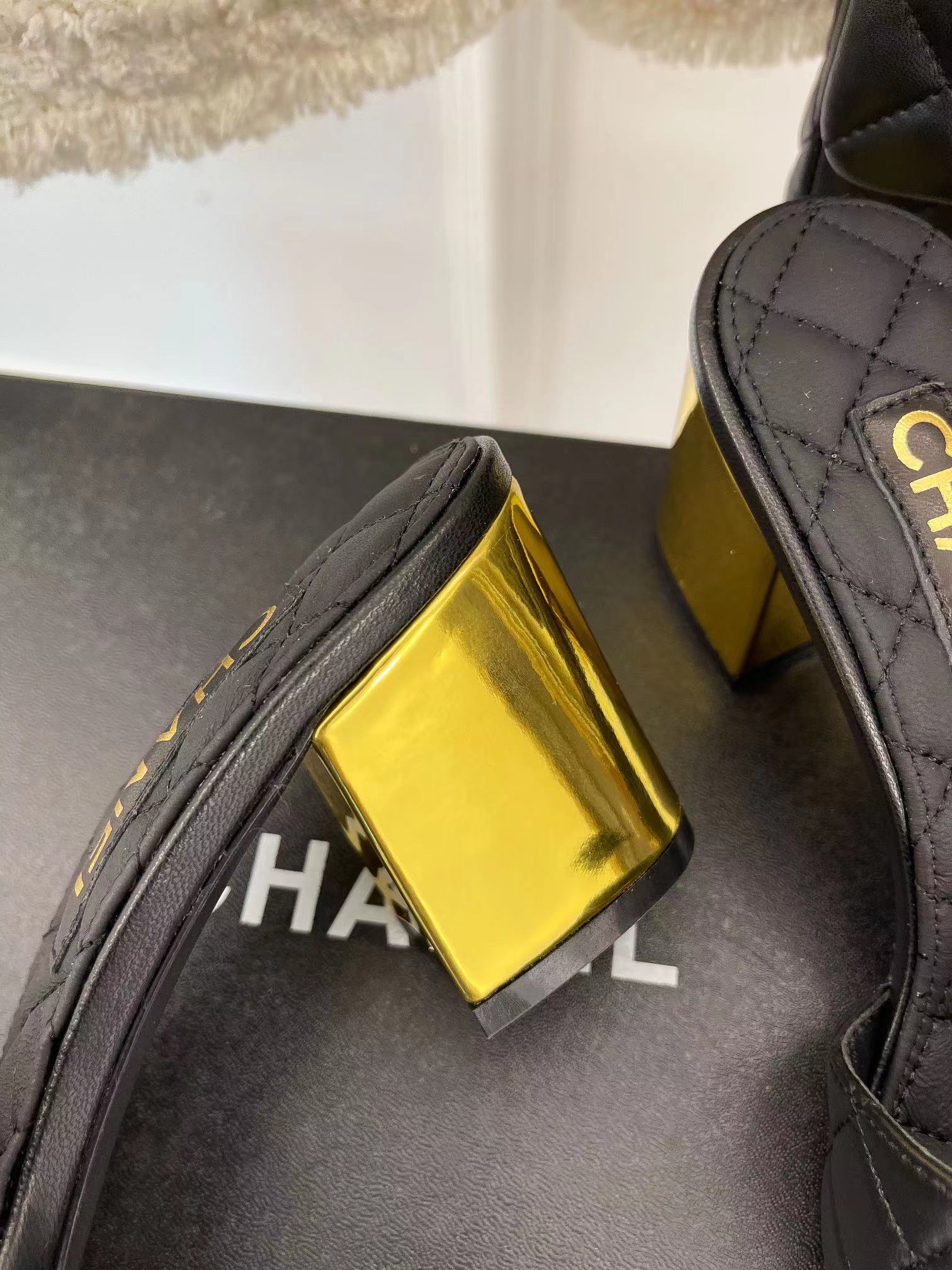 Ch*el 2023 black goatskin shiny leather gold cc slides high heels