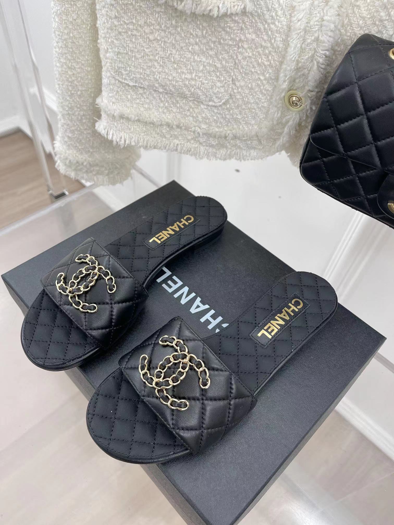 Ch*el goatskin shiny leather gold cc flat sandals