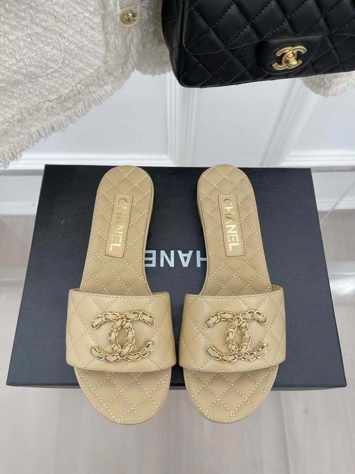 Ch*el goatskin shiny leather gold cc flat sandals