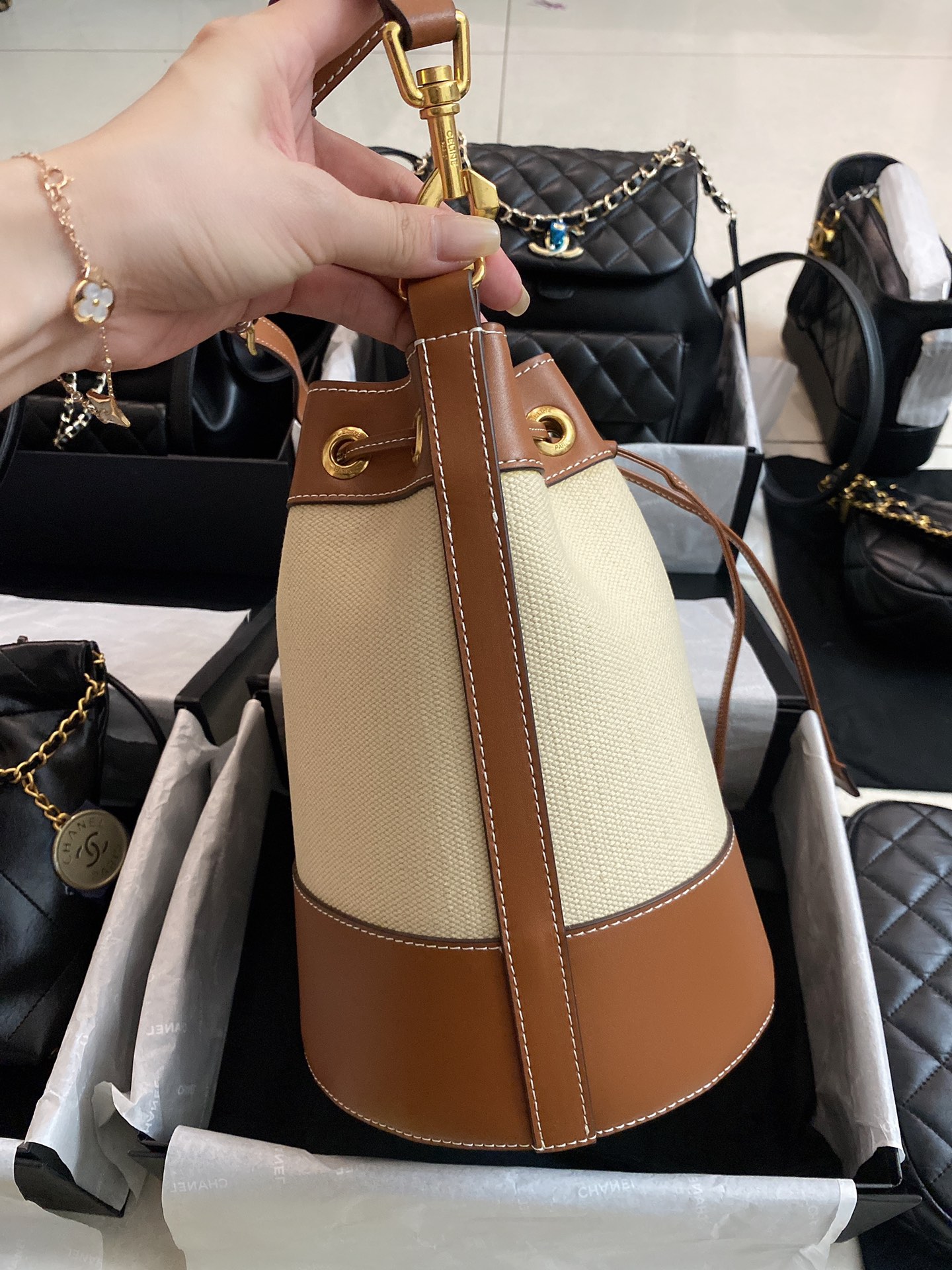 Small drawstring cabas marin in TEXTILE AND CALFSKIN