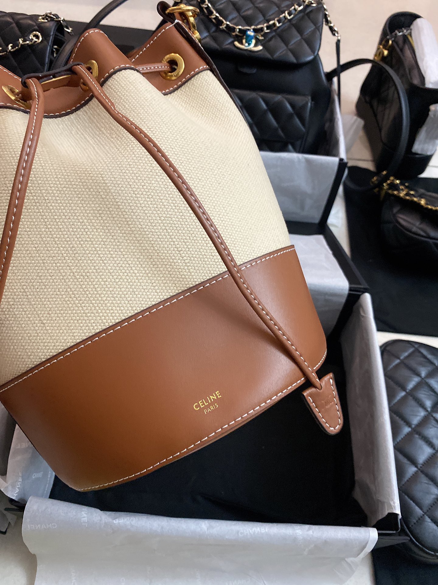 Small drawstring cabas marin in TEXTILE AND CALFSKIN