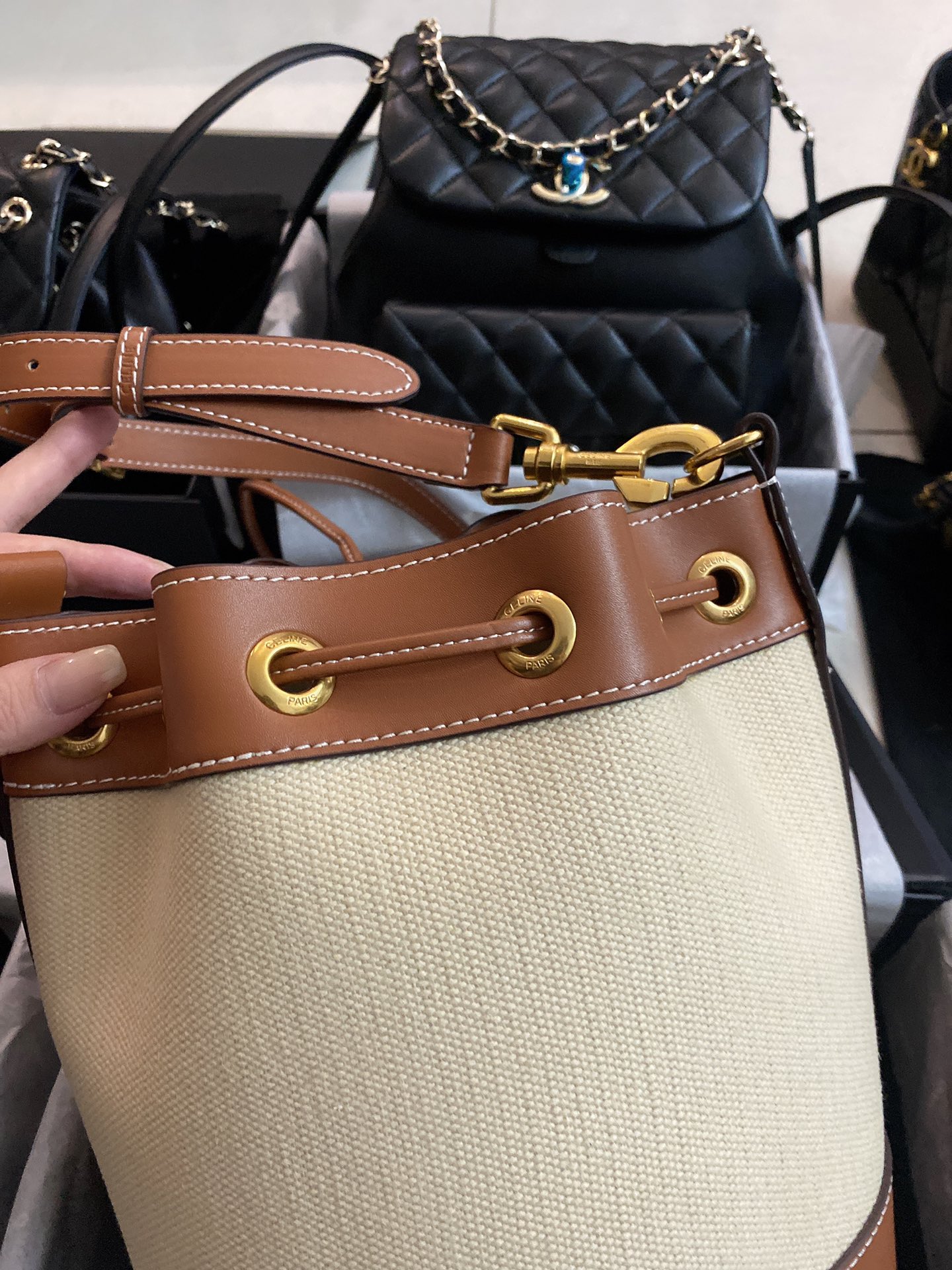 Small drawstring cabas marin in TEXTILE AND CALFSKIN