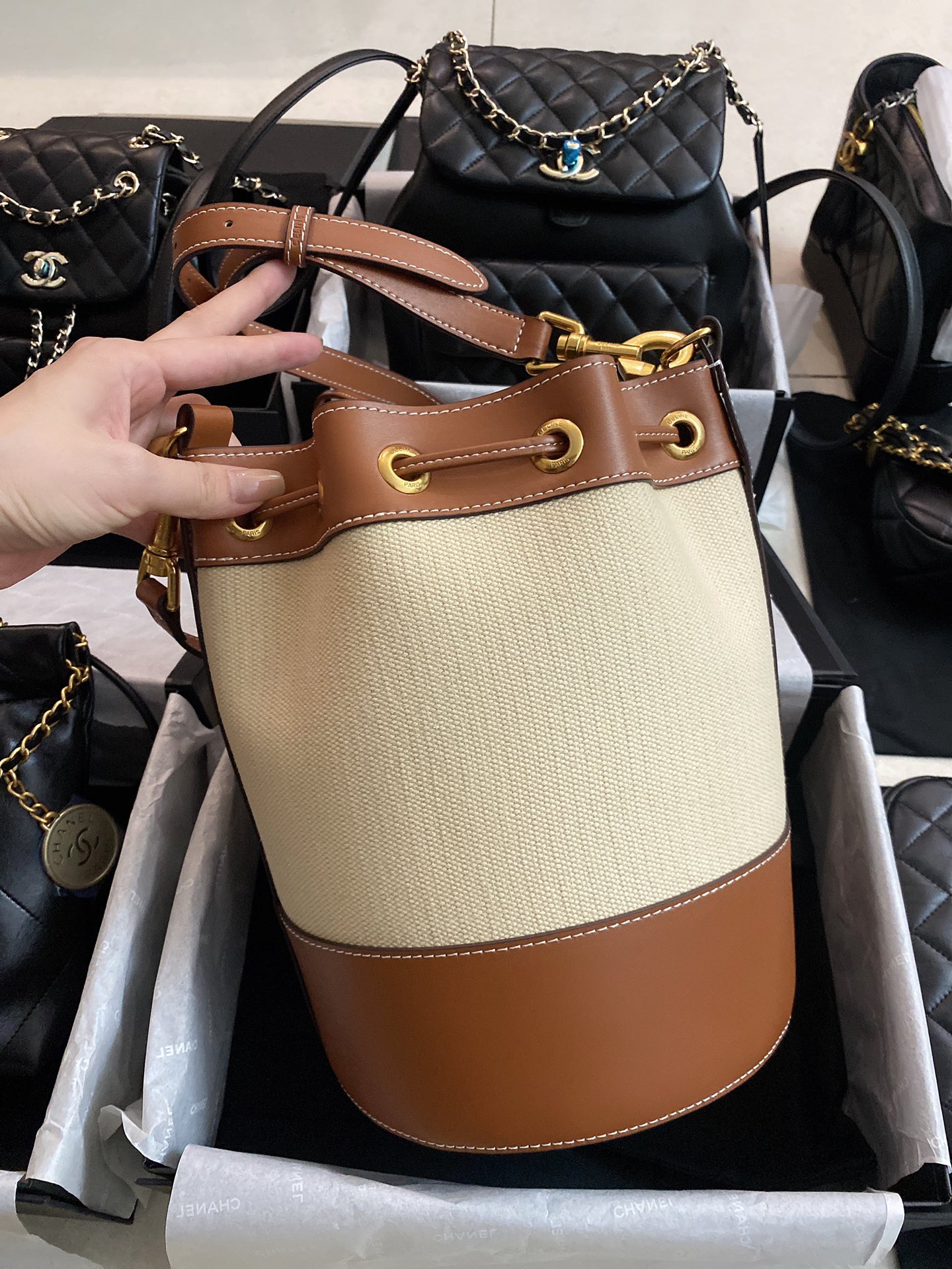 Small drawstring cabas marin in TEXTILE AND CALFSKIN