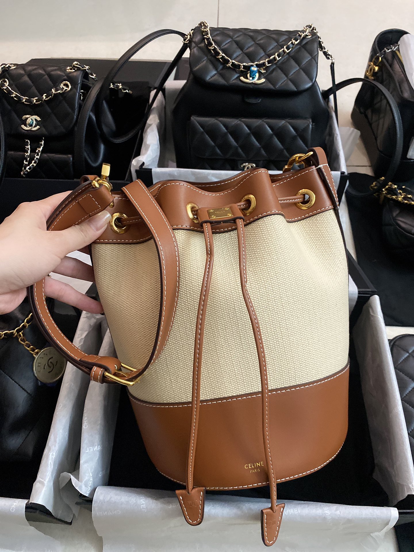 Small drawstring cabas marin in TEXTILE AND CALFSKIN