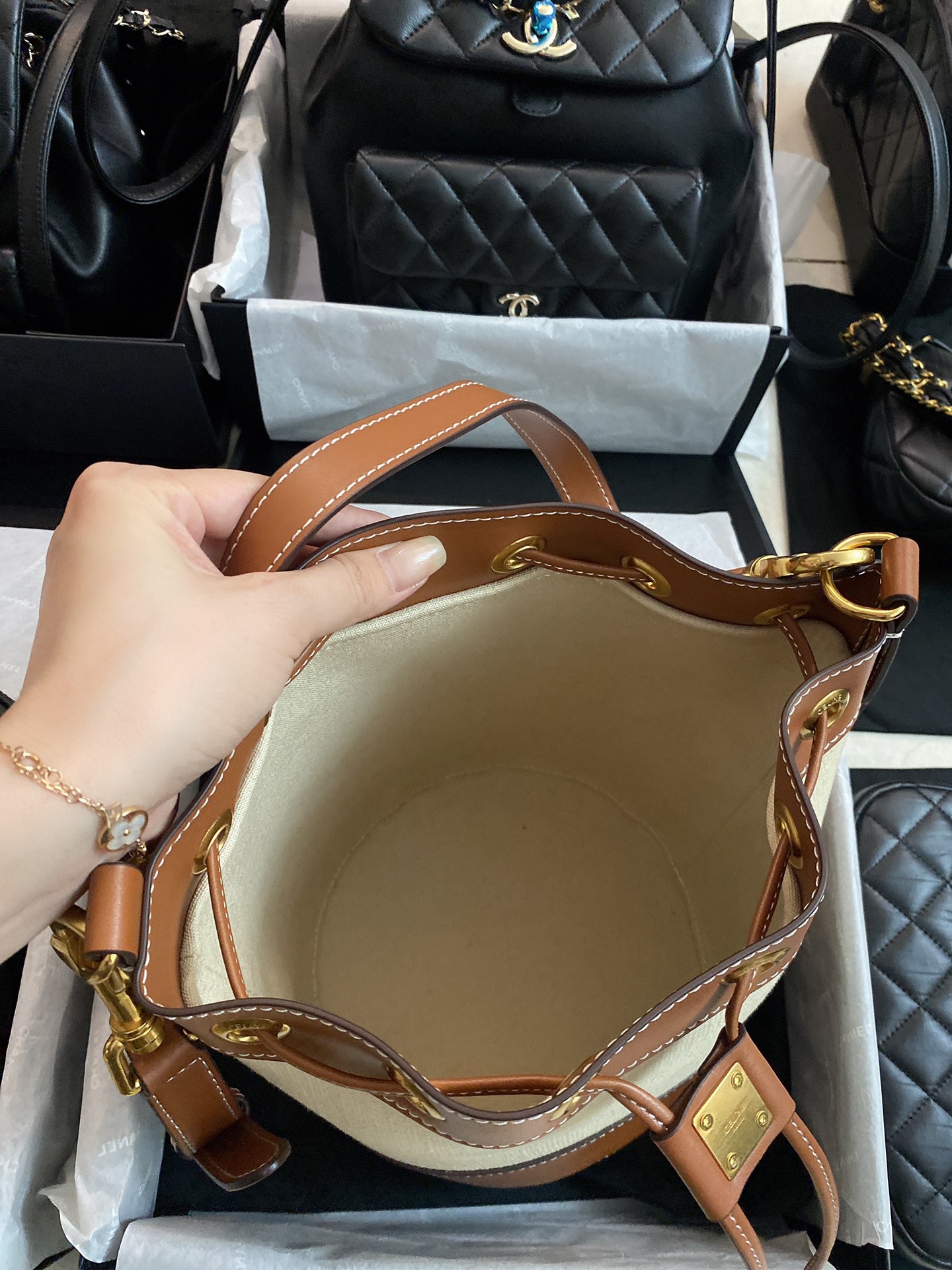 Small drawstring cabas marin in TEXTILE AND CALFSKIN
