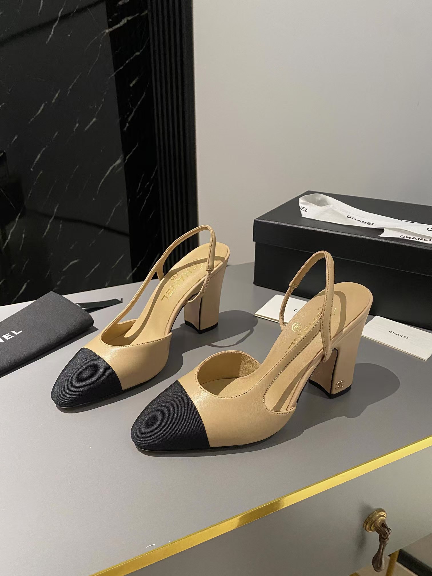 Ch*el goatskin cc slingback
