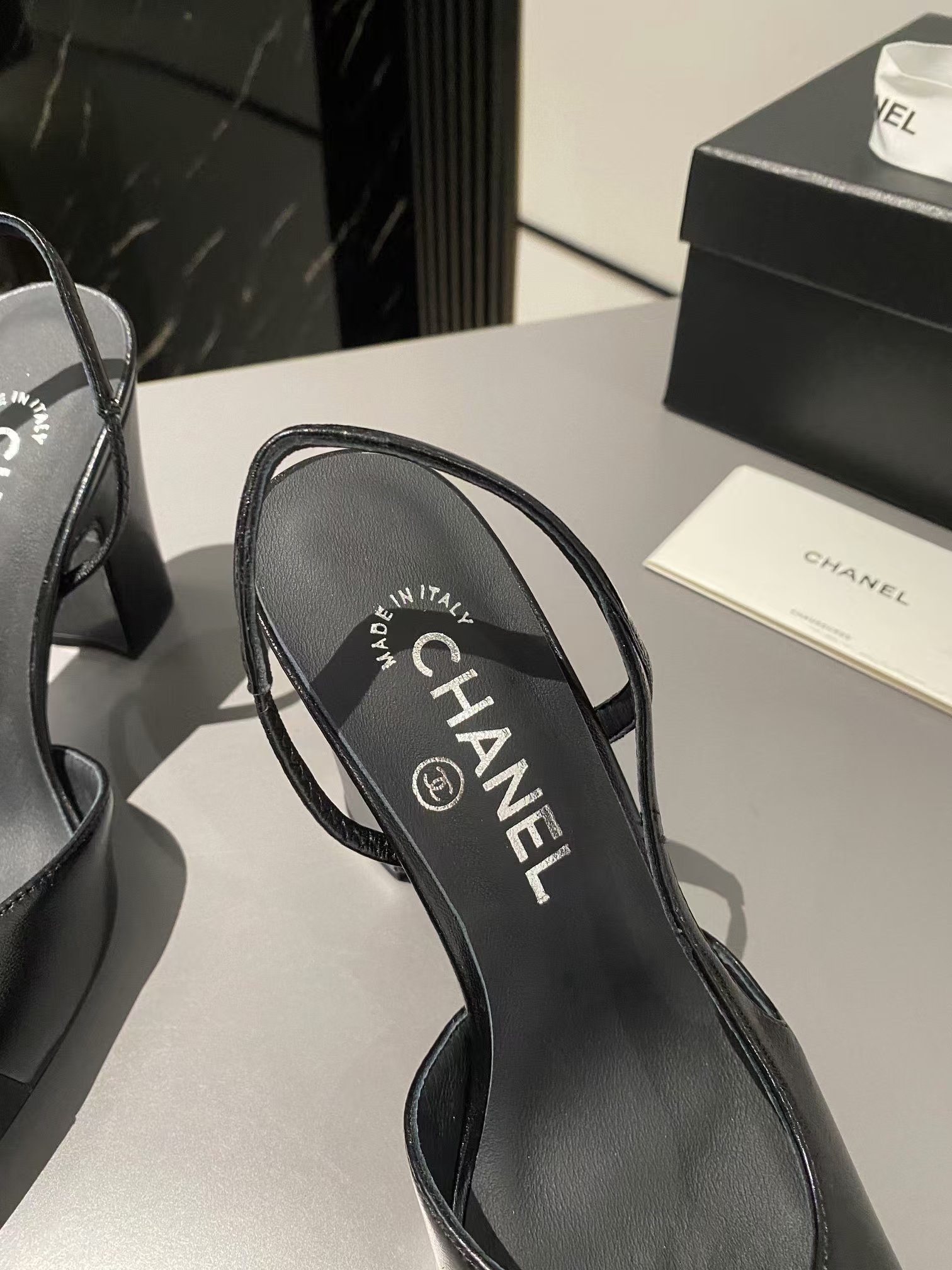 Ch*el lambskin slingback