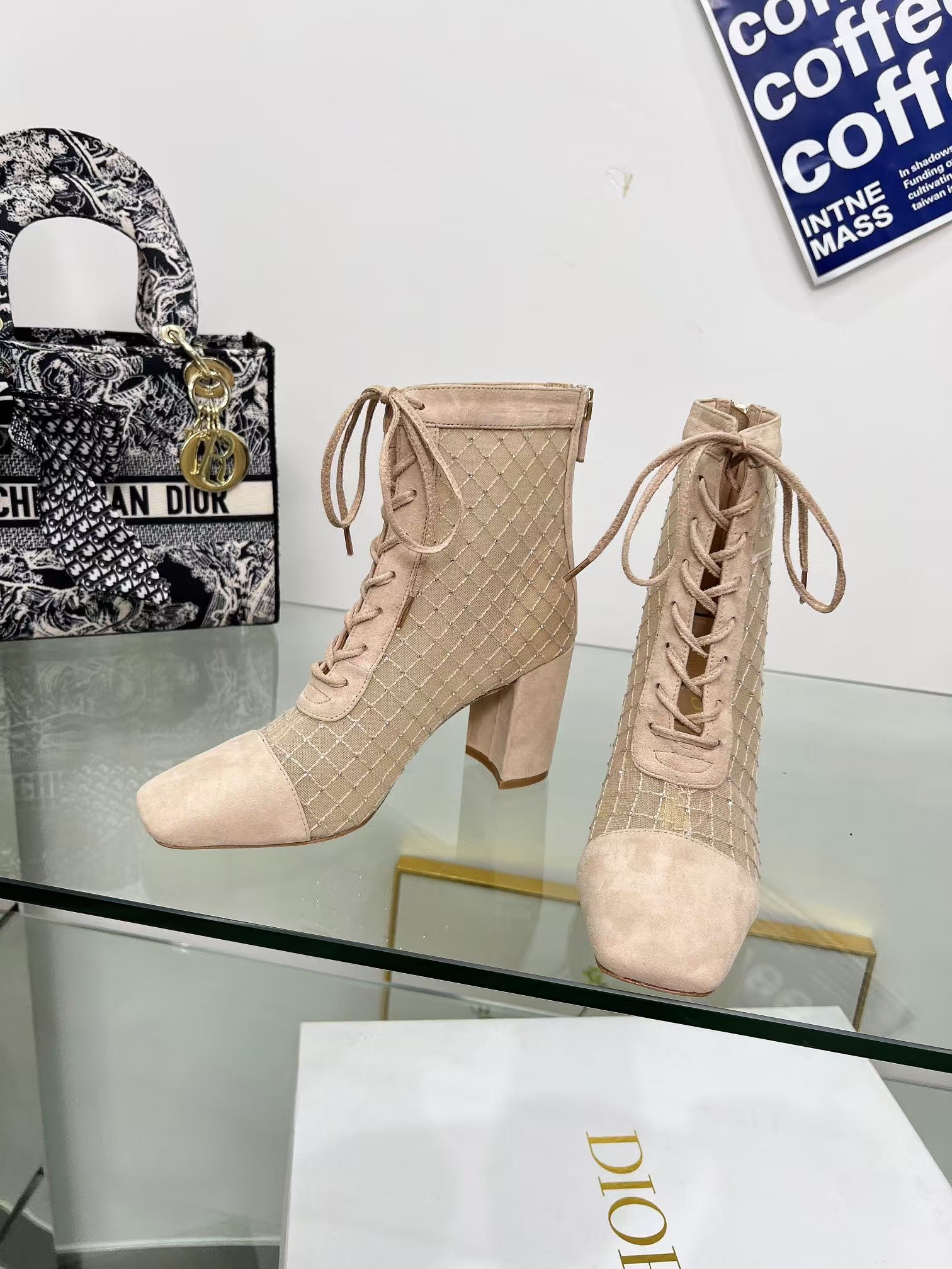 D*or naughtily-d heeled ankle boot transparent mesh embroidered with goatskin