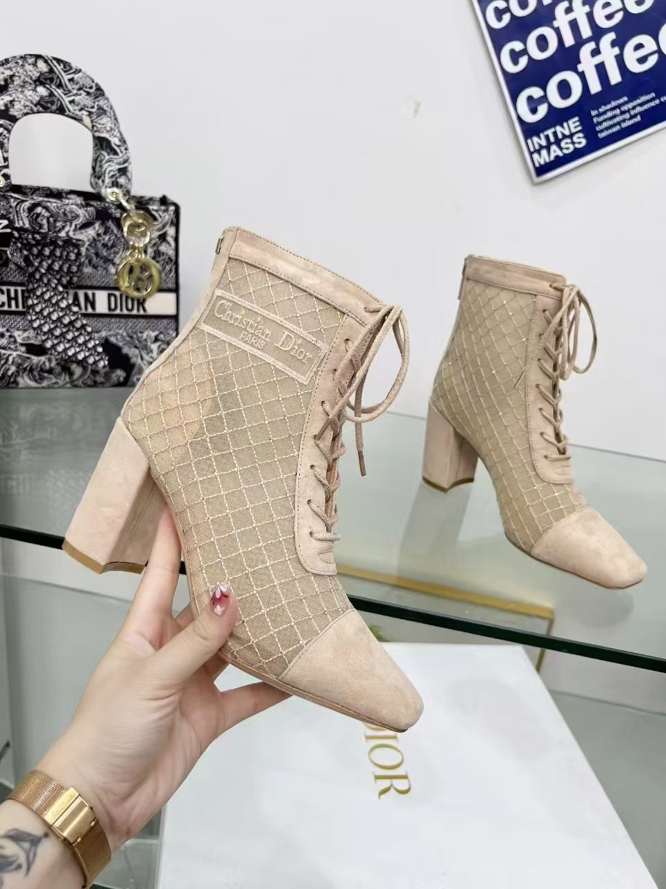 D*or naughtily-d heeled ankle boot transparent mesh embroidered with goatskin