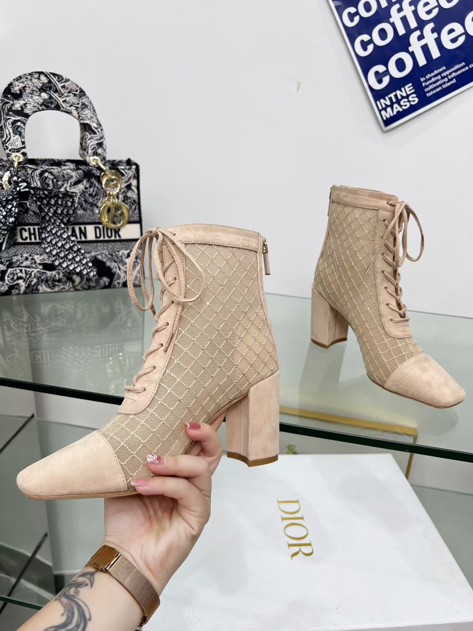 D*or naughtily-d heeled ankle boot transparent mesh embroidered with goatskin