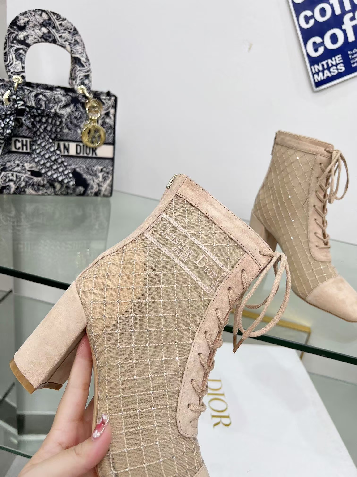 D*or naughtily-d heeled ankle boot transparent mesh embroidered with goatskin