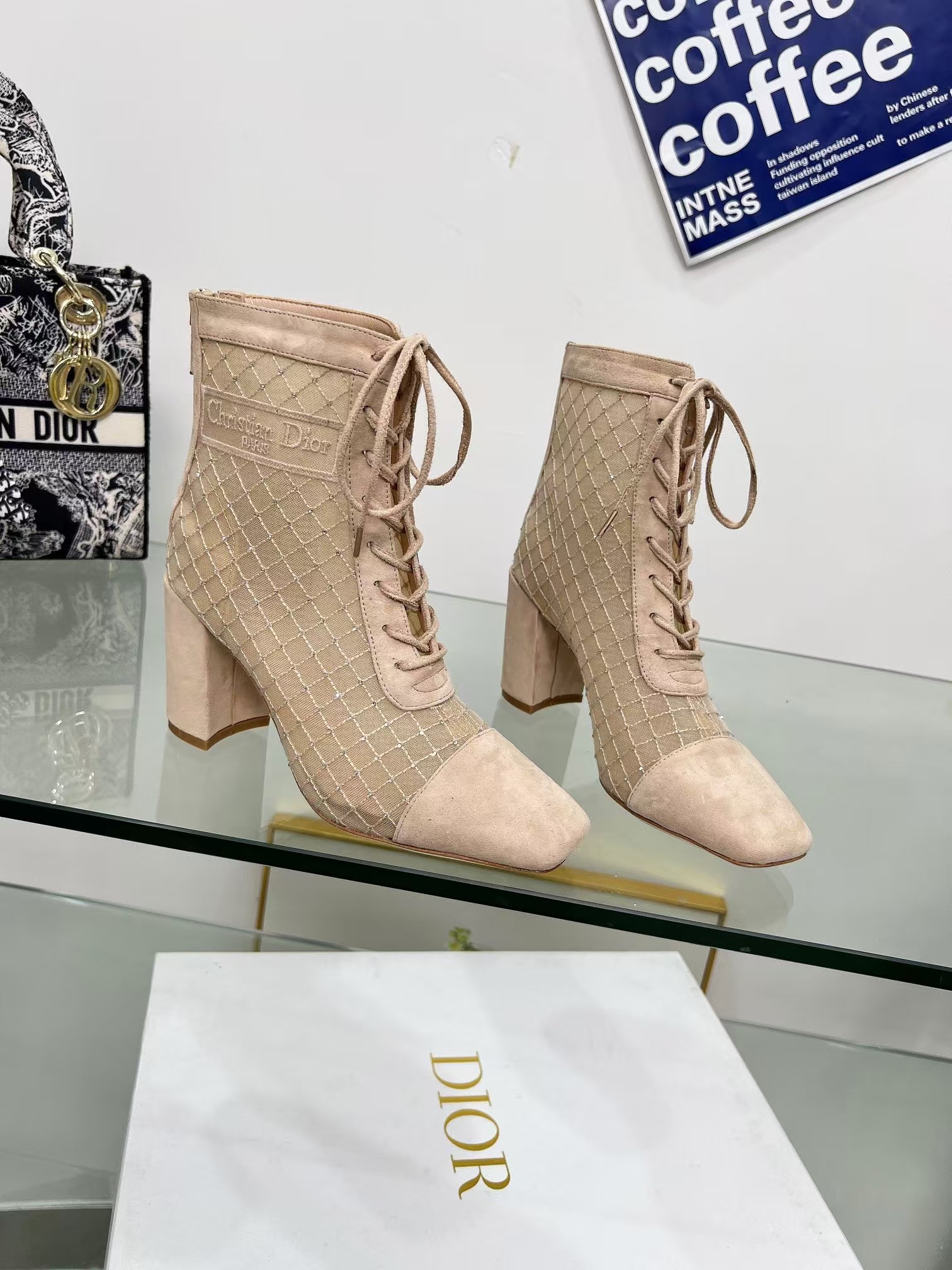 D*or naughtily-d heeled ankle boot transparent mesh embroidered with goatskin