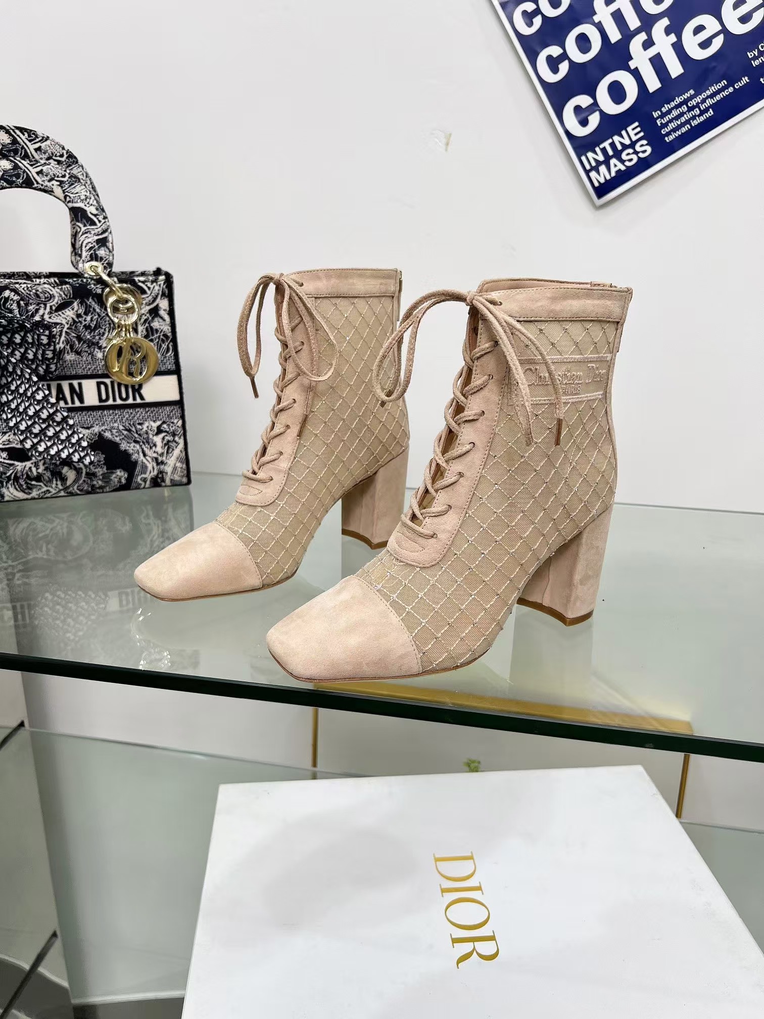 D*or naughtily-d heeled ankle boot transparent mesh embroidered with goatskin