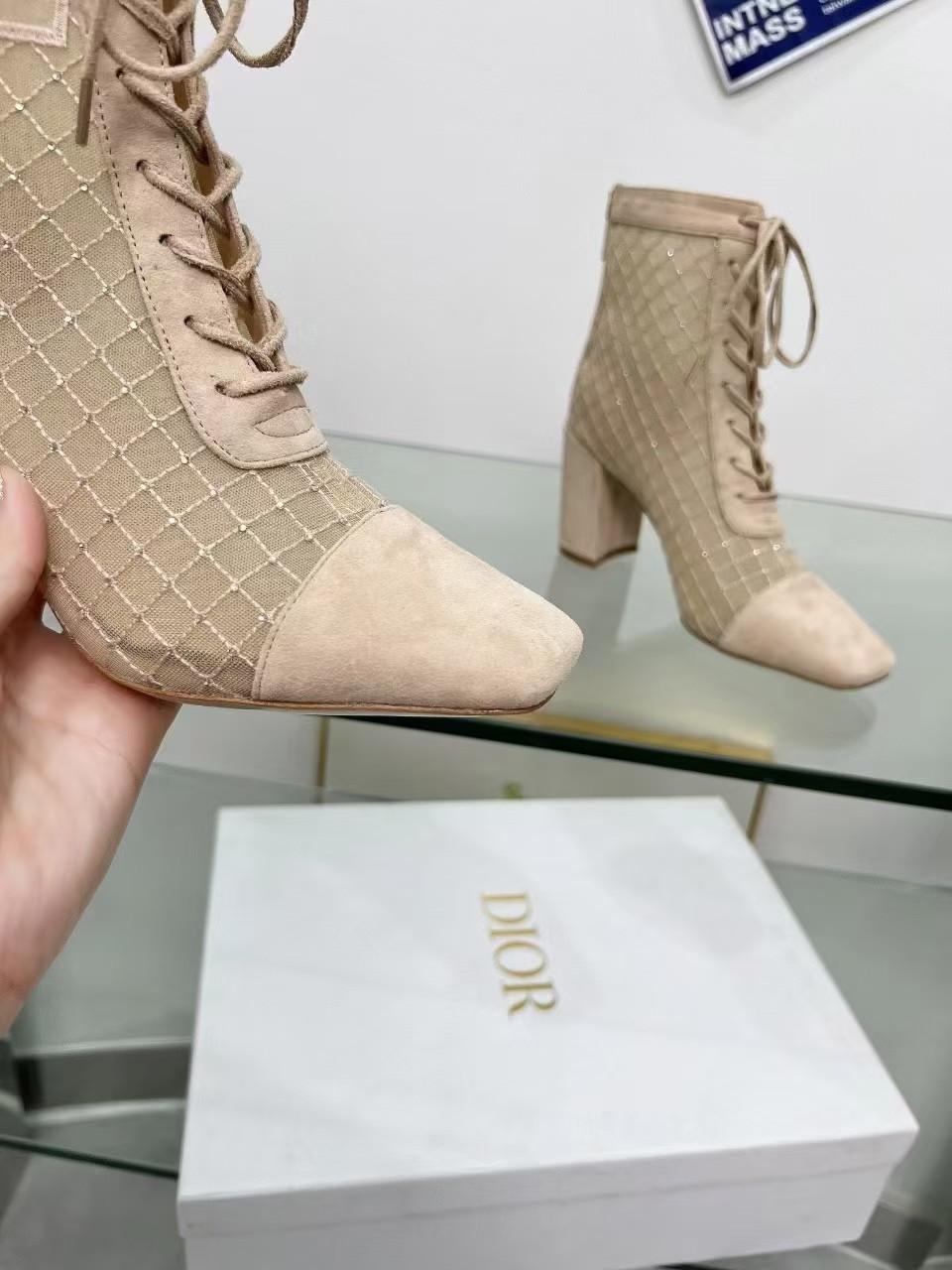 D*or naughtily-d heeled ankle boot transparent mesh embroidered with goatskin