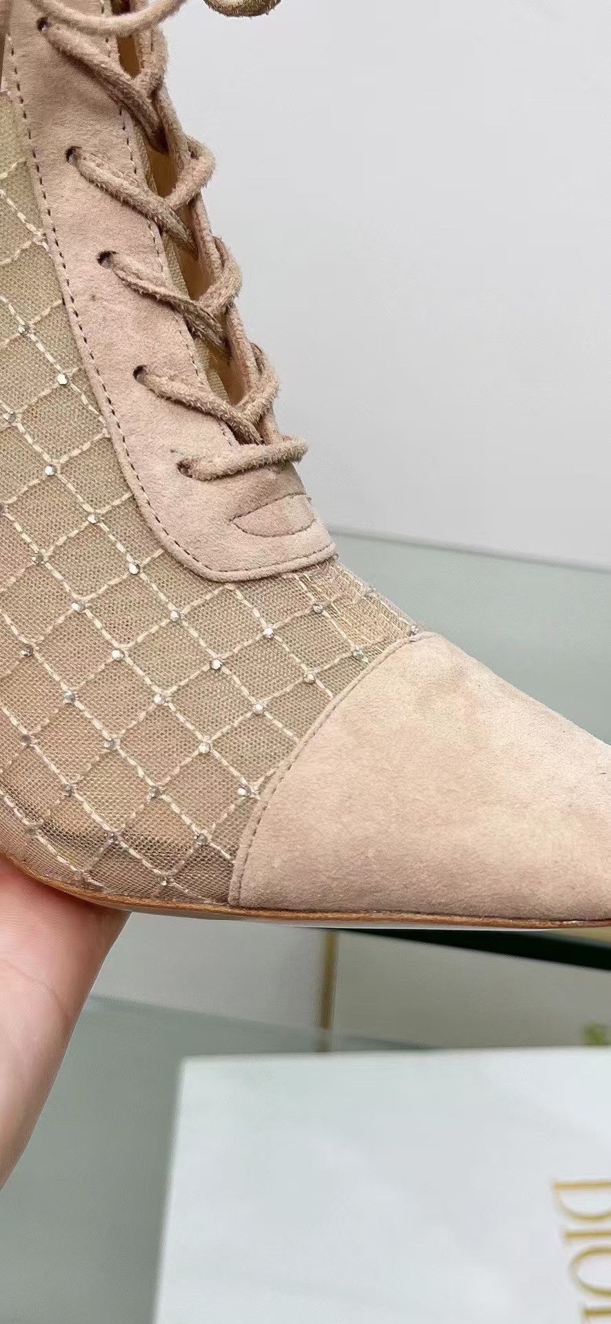 D*or naughtily-d heeled ankle boot transparent mesh embroidered with goatskin