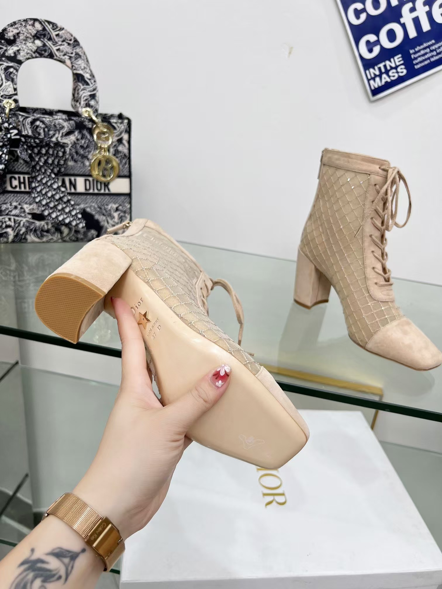 D*or naughtily-d heeled ankle boot transparent mesh embroidered with goatskin
