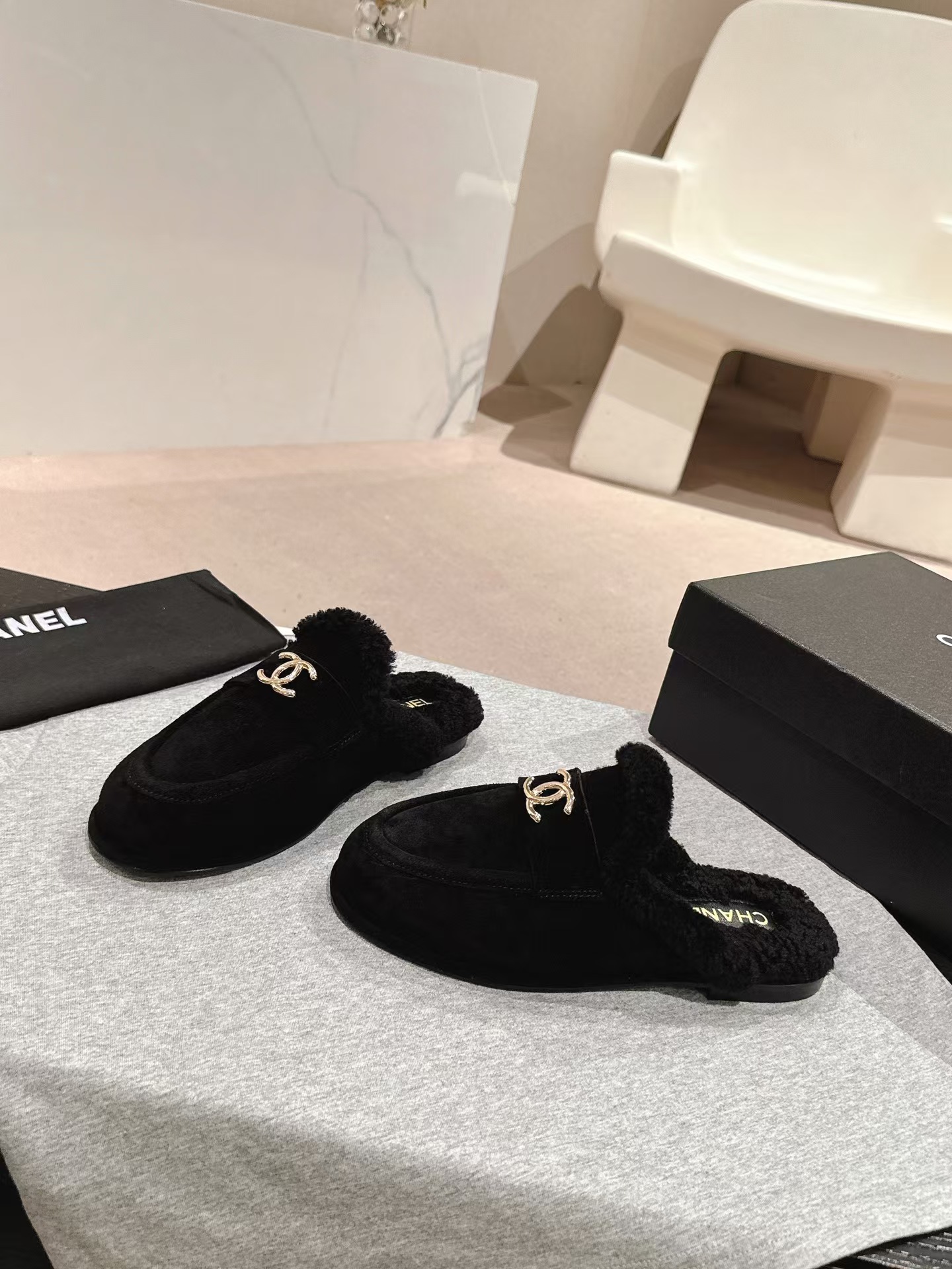 Ch*el black fabric quilted embellished slip on loafers