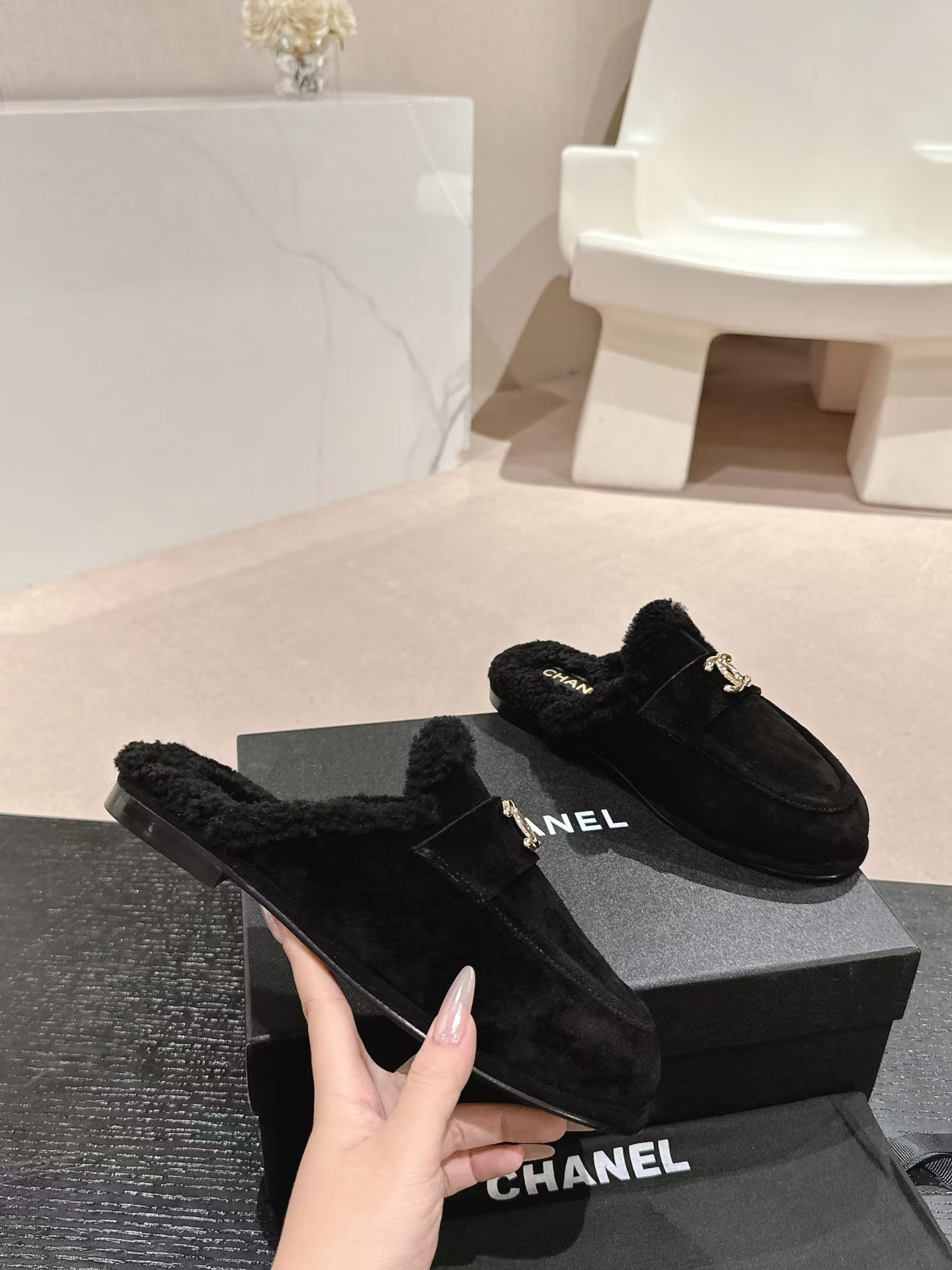 Ch*el black fabric quilted embellished slip on loafers