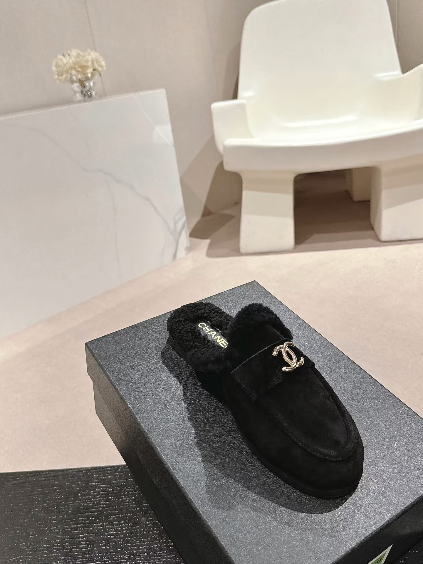 Ch*el black fabric quilted embellished slip on loafers