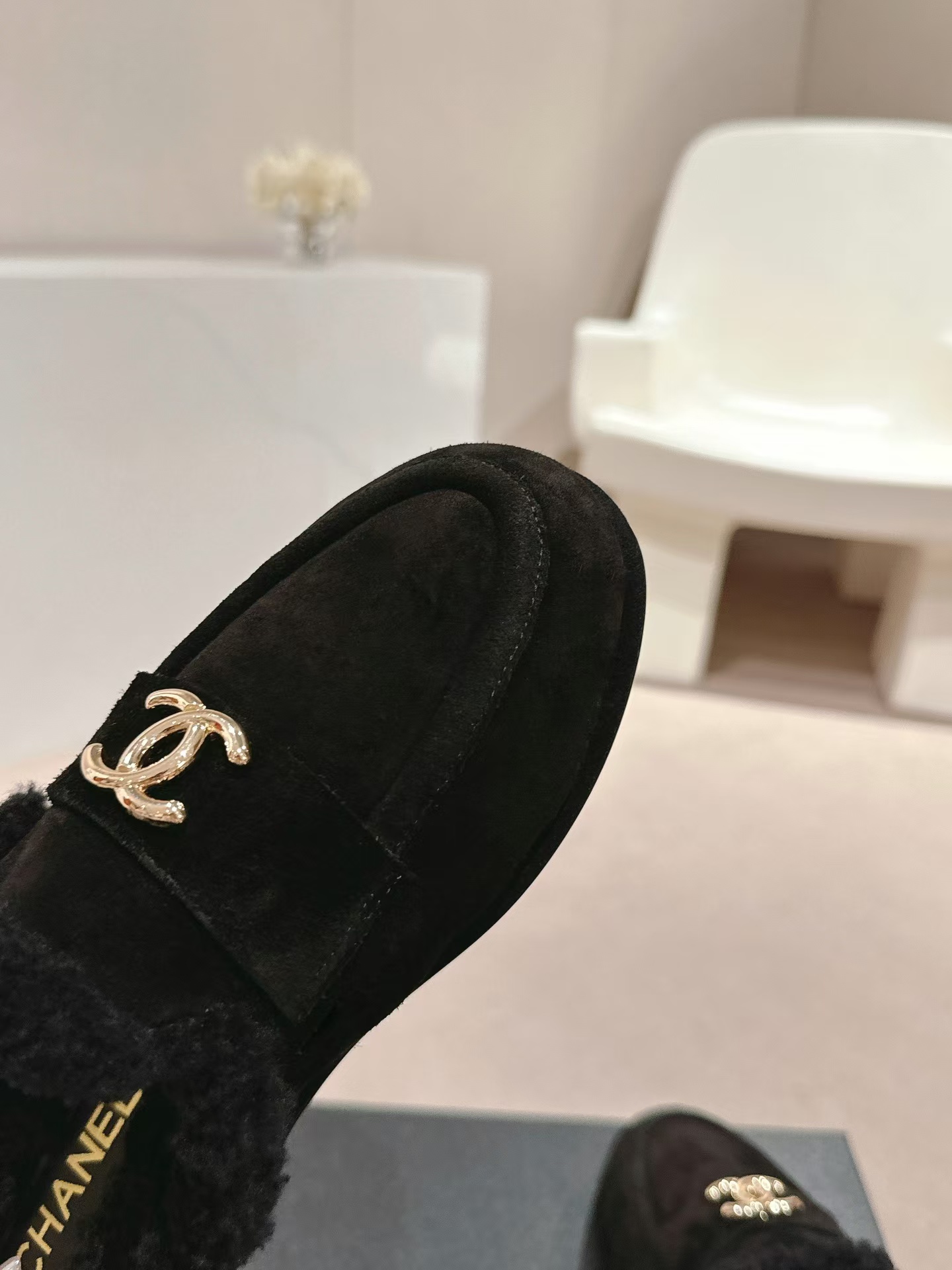 Ch*el black fabric quilted embellished slip on loafers