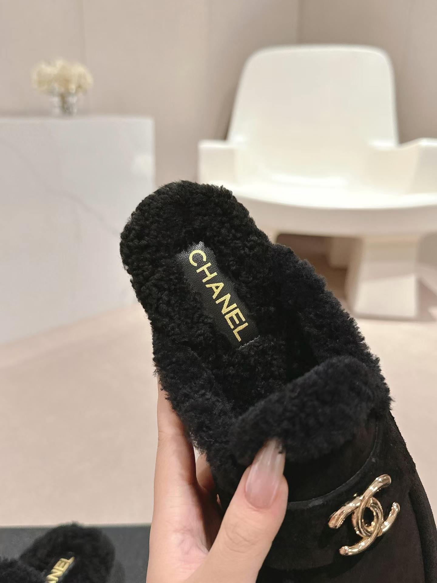 Ch*el black fabric quilted embellished slip on loafers